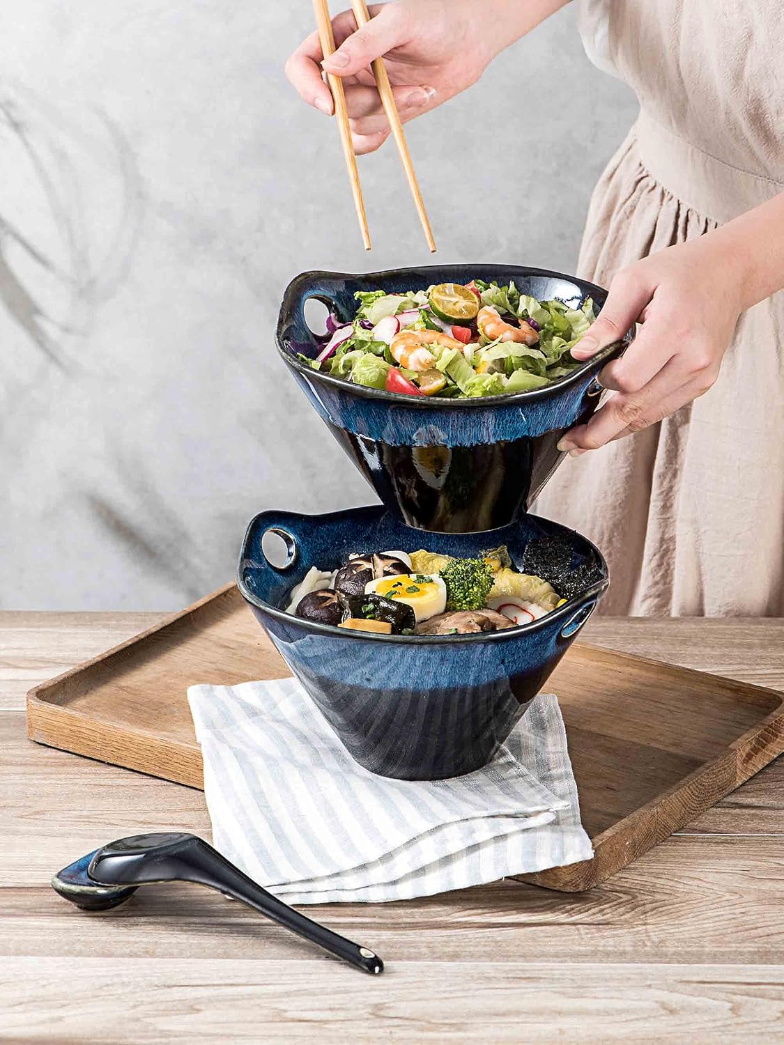 Henten Home 26 OZ Ramen Bowls Set, Ceramic Japanese Noodle Bowls Set of 2, Porcelain Deep Salad Bowl with Chopsticks for Udon, Reactive Glaze, Microwave Safe (Blue A2) image 3