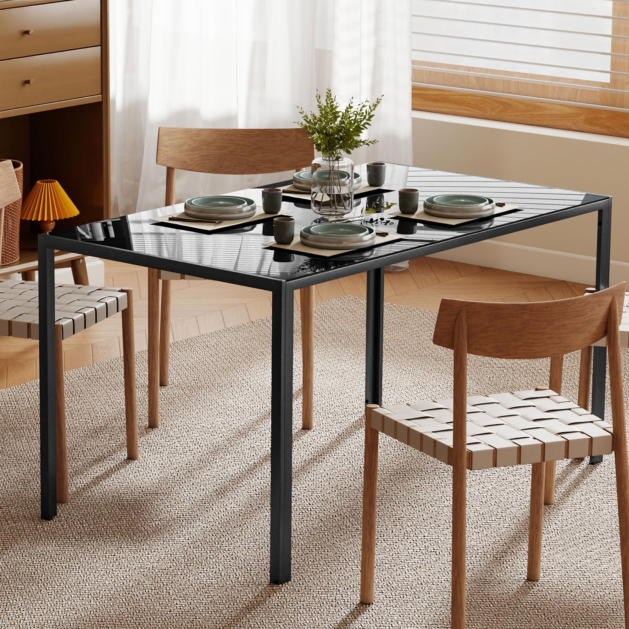HOMCOM Tavolo da pranzo in vetro, tavolo rettangolare per 6 persone con gambe in metallo, per cucina, soggiorno, 140 x 80 x 75 cm, nero