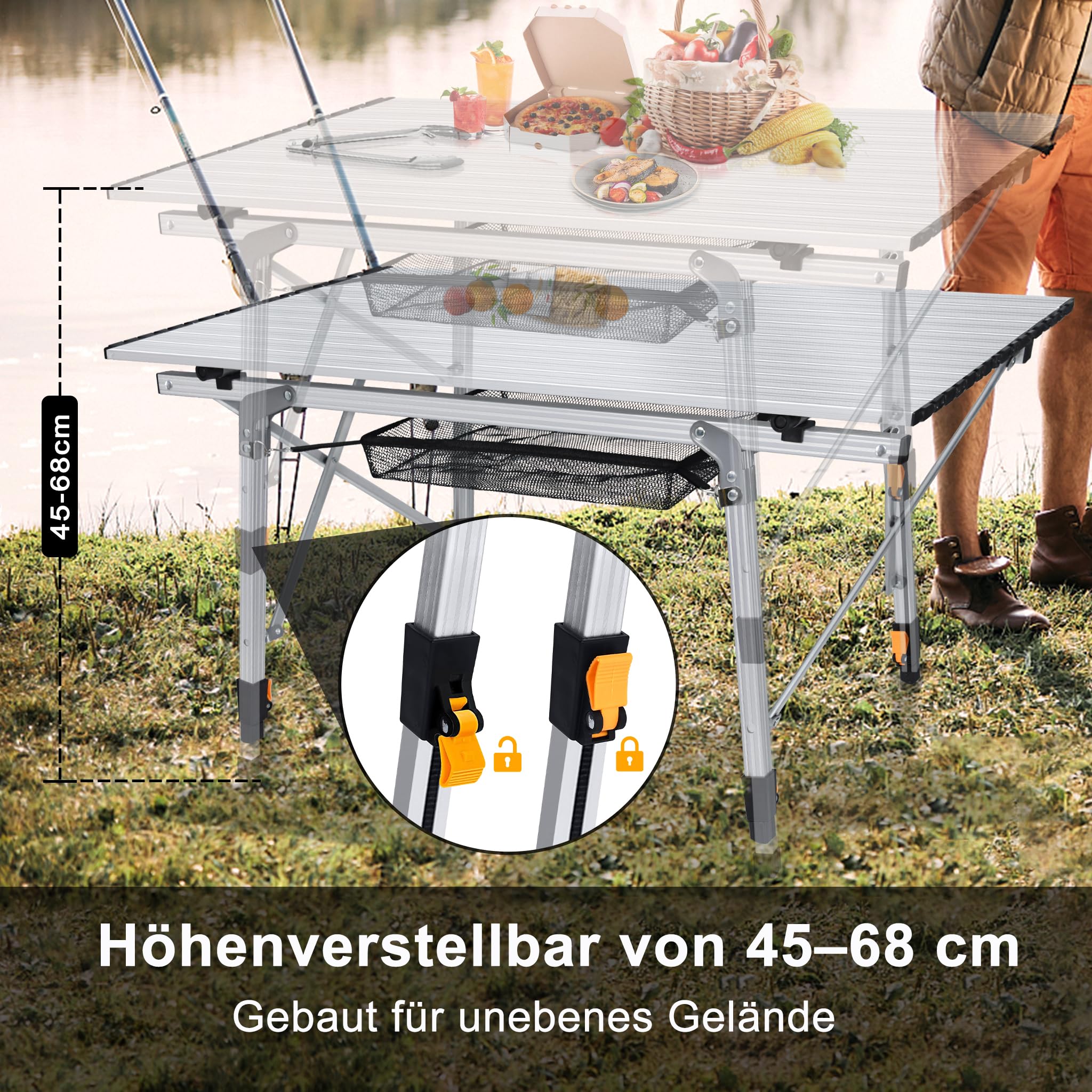 XMTECH Table de camping pliable en aluminium - Table de camping - Table de pique-nique - Table de voyage - Réglable en hauteur - Avec sac de rangement et sac de transport - 90 x 51,5 x 68 cm - Argenté