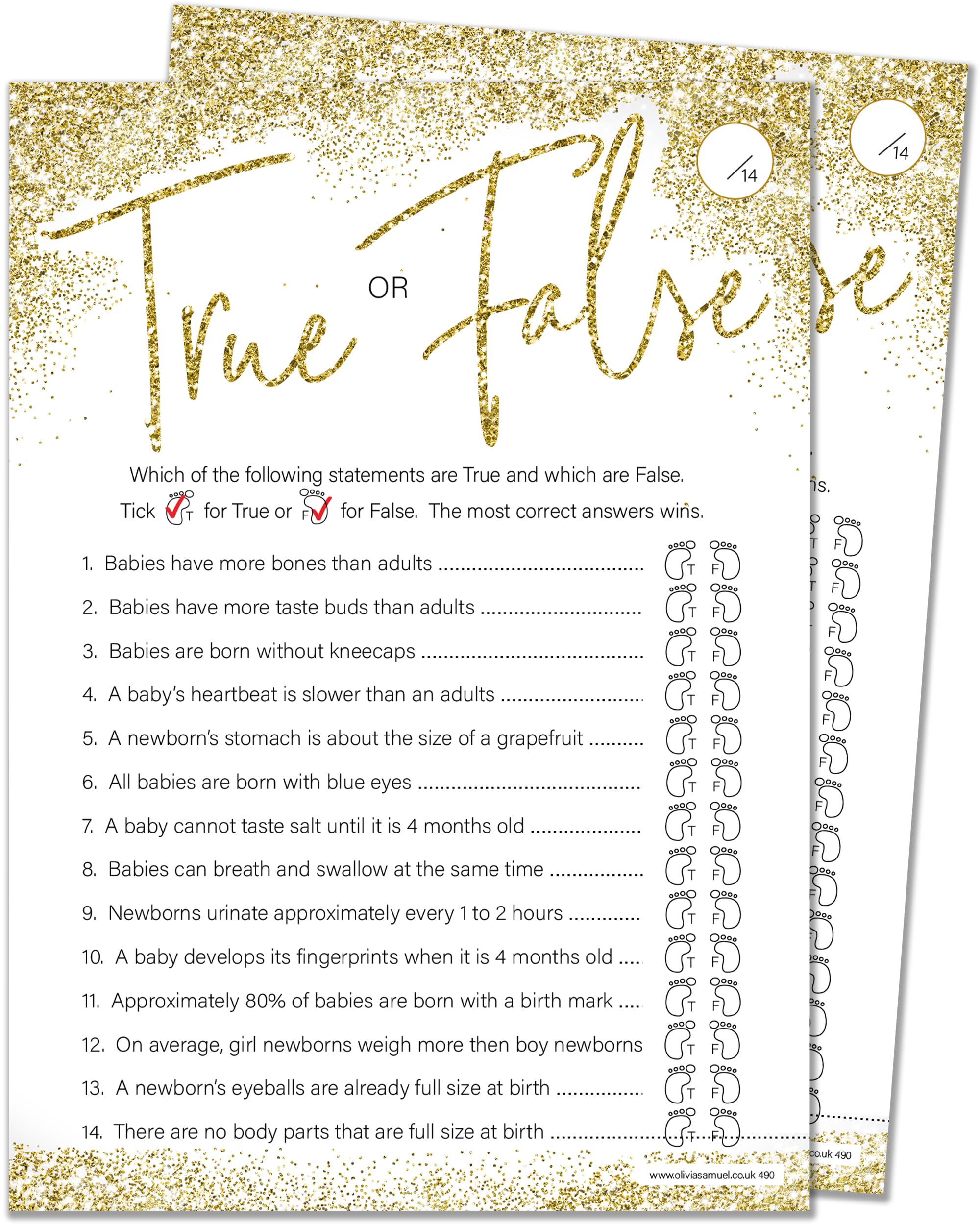 Olivia Samuel True or False Baby Shower Game for up to 30 Players from Gold Sparkle Design with Winner Certificate – Unisex – Made in the UK