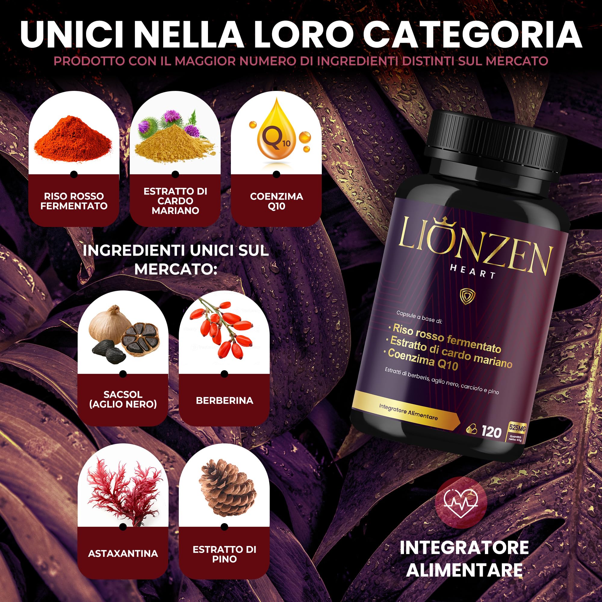 Riso Rosso Fermentato (2,99mg di Monacolina K) + Coenzima Q10, Cardo Mariano +10 Ingredienti | Berberina, Astaxantina, Policosanolo | Benessere Metabolico e Antiossidante | LIONZEN Heart