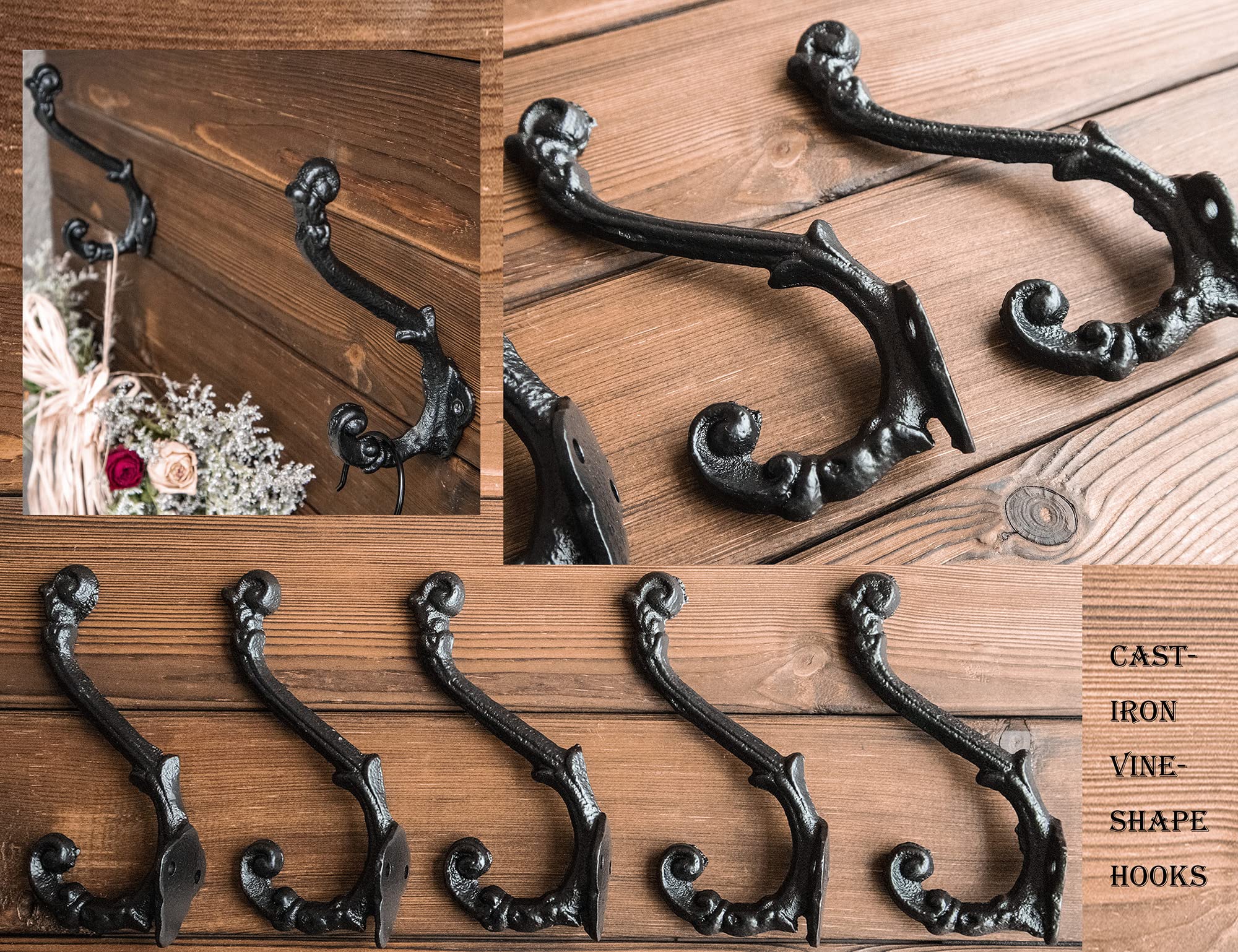 Set Mit 5 Dekorativen Kleiderhaken Aus Gusseisen – Handgefertigt, Schwarz, Inkl. Schrauben, Rustikaler Stil