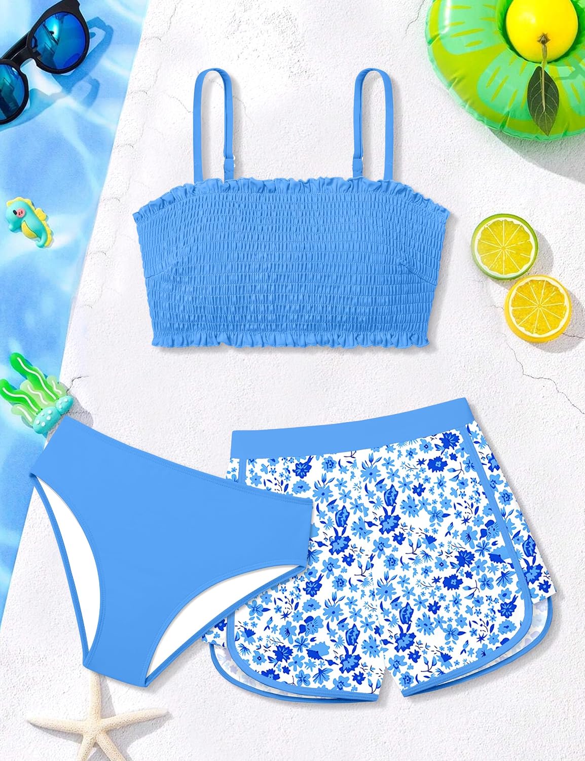 Girls Swimsuit 3 Piece Bikini Set Adjustable Straps Bathing Suit and Printed Shorts Girls' Swimwear for 9-16 Years