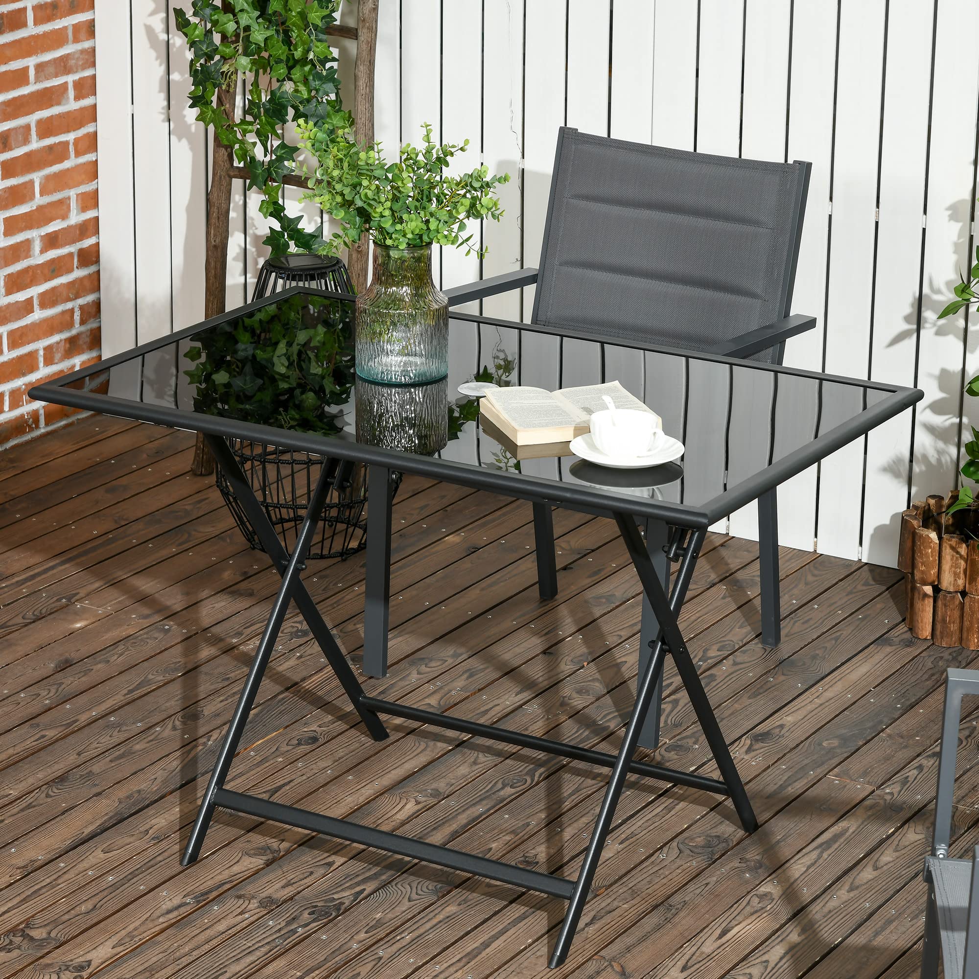 Outsunny Table à Manger de Jardin Pliable pour 6 Personnes, avec Plateau en Verre trempé, Table extérieure rectangulaire avec Trou de Parasol pour Jardin, Patio, terrasse, 110 x 70 x 70 cm, Noir