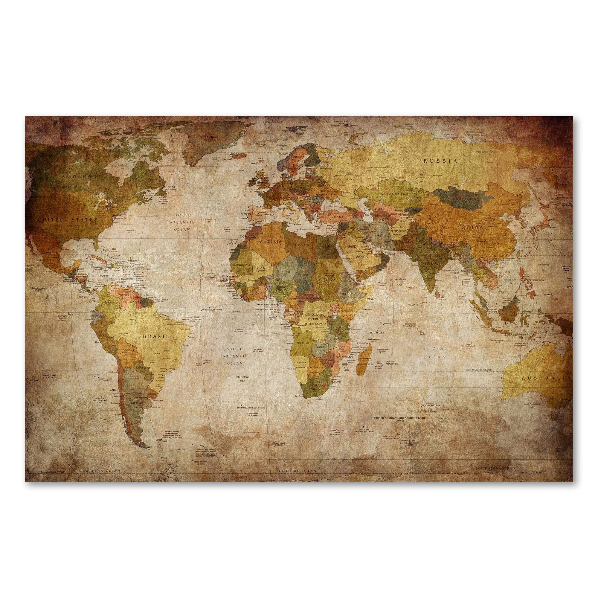 Postereck - 0459 - Vintage Weltkarte, Karte Bunt Länder Kontinente - Unterricht Klassenzimmer Schule Wandposter Fotoposter Bilder Wandbild Wandbilder - Leinwand - 100,0 cm x 75,0 cm