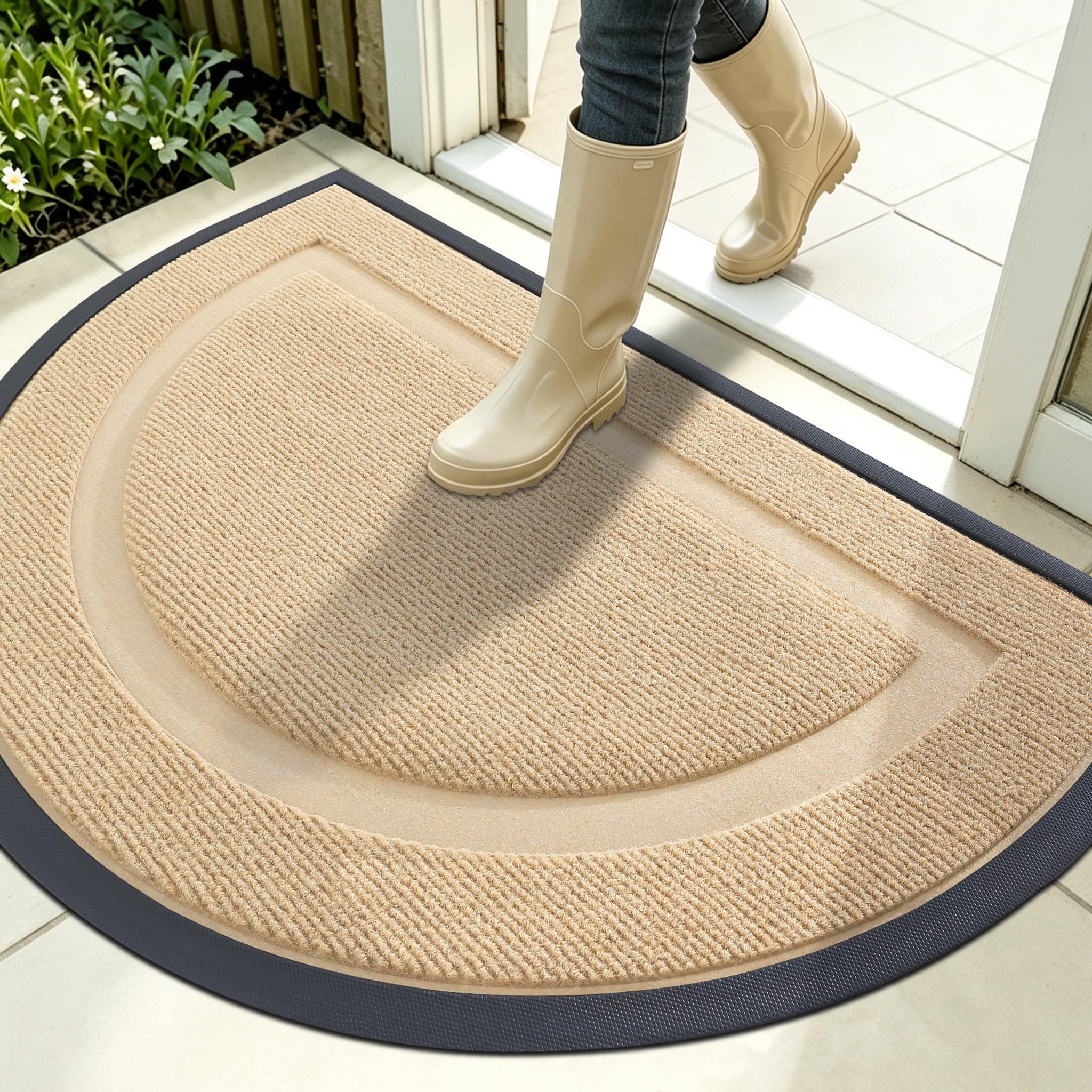OLANLY Half Circle Front Door Mat Outside 35x23 All-Season Rubber Doormat | Beige, Absorbent, Heavy-Duty, Stain and Fade Resistant, Waterproof Non-Slip Backing, Low-Profile Indoor Outdoor Entryway Mat