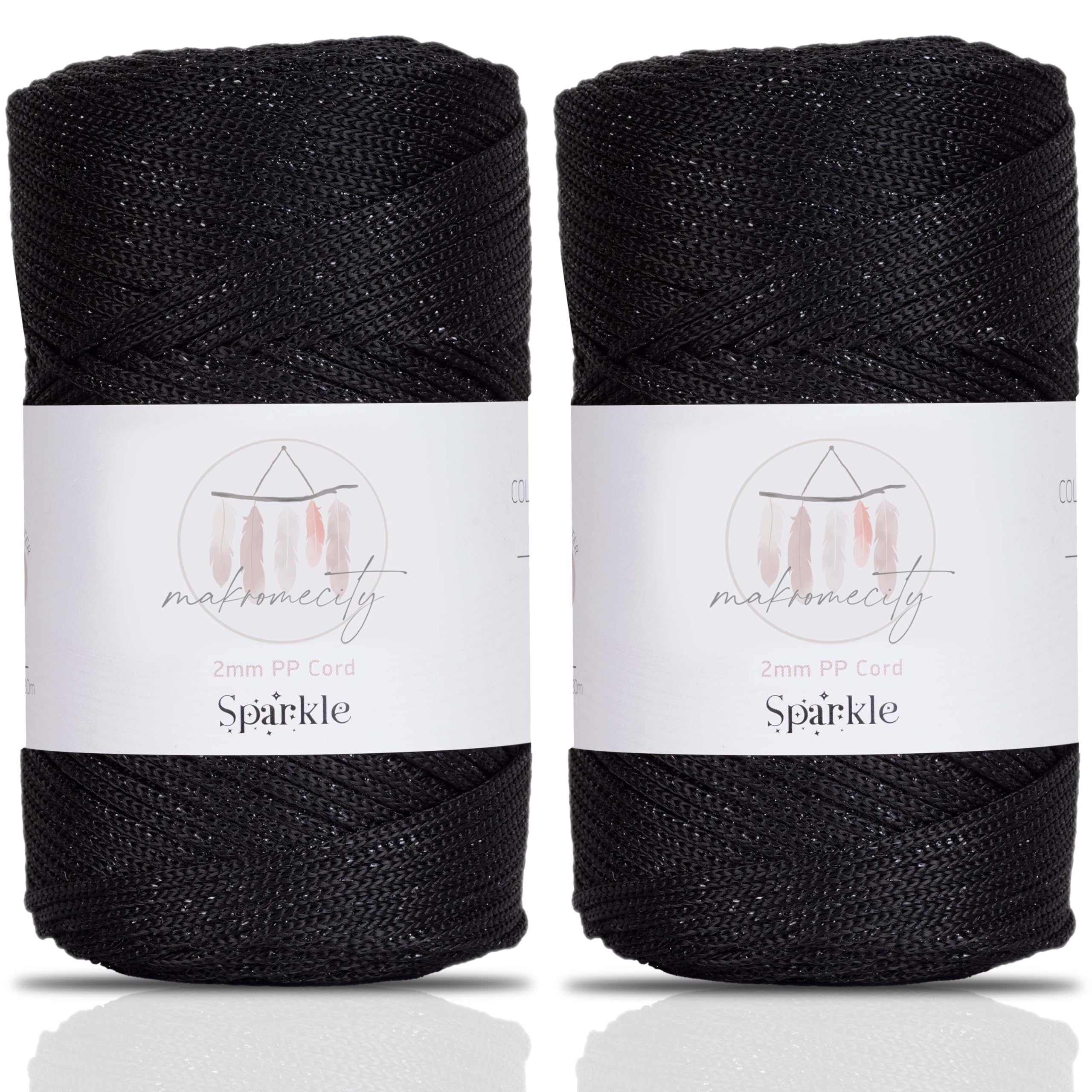 Makromecity 2 Skeins of Sparkle Polyester Macrame Cord, 2mm x 250 Yards (750 feet), Polypropylene, For Macrame Art & Crafts, Wall Hangings, Bags, Underplate, Rug
