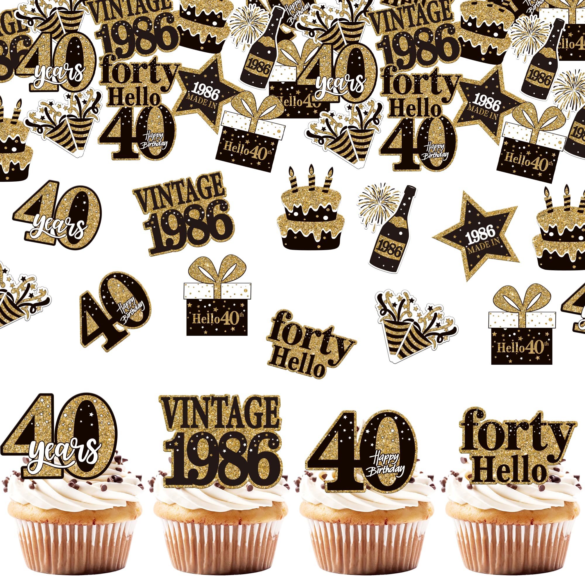 SYKYCTCY 63 Pack Edible Happy 40th Birthday Cupcake Toppers Glitter Hello Forty 40 Fabulous Cupcake Picks Cheers to 40 Years Cake Decorations for Happy Birthday Party Supplies โ image 1