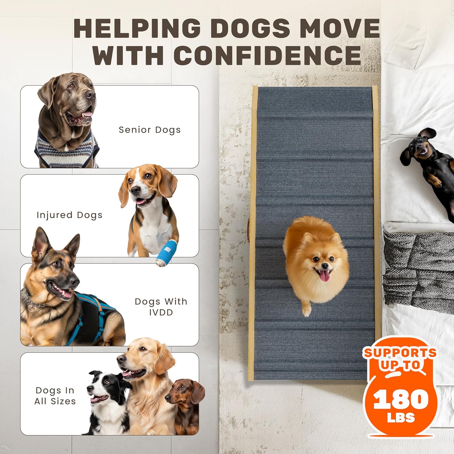 Adjustable Dog Ramp - 45" L x 18.5" W Bed Ramps for Small Dogs with 6 Incline Levels & Non-Slip Traction Carpet - Also Ideal for Medium & Large Breeds (Natural)