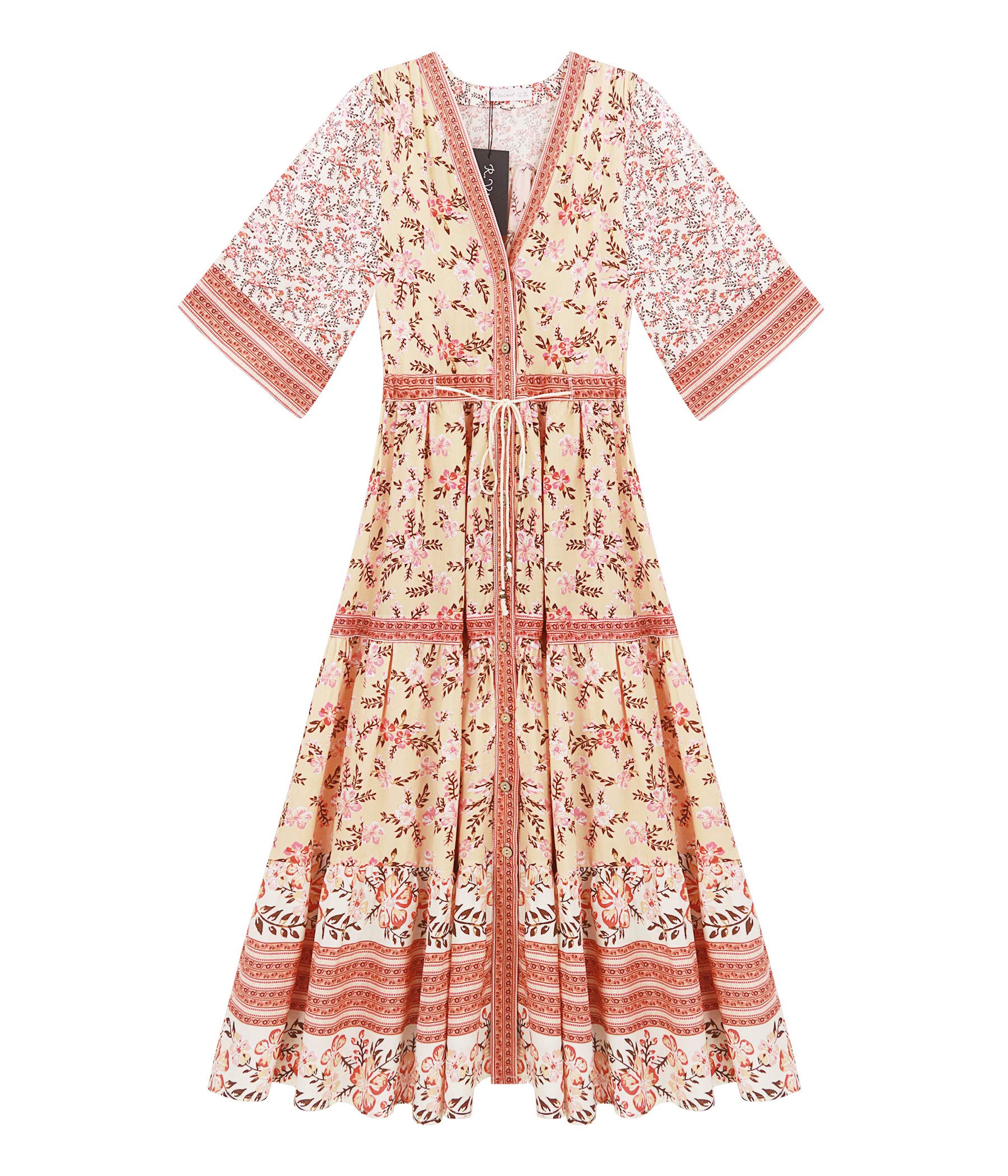 R.Vivimos Women's Summer Cotton Printed Half Sleeve V Neck Flowy Midi Dress