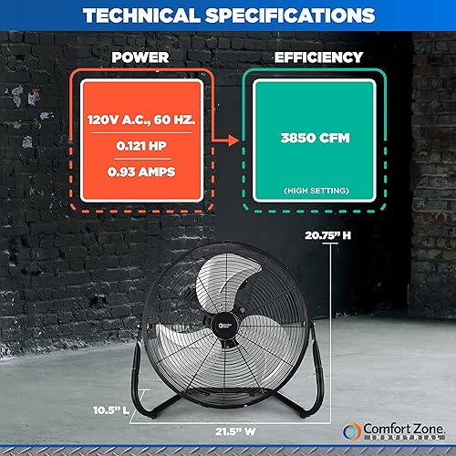 Miniatura 6 de Comfort Zone - Ventilador de piso industrial de alta velocidad de 18 pulgadas de alta resistencia de 3 velocidades, construcción metálica y aspas de