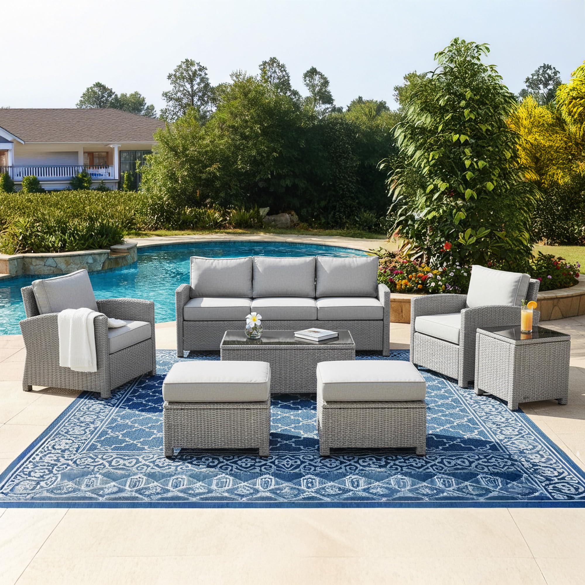 DEVOKO 7 Piece Outdoor Conversation Patio Furniture Set All Weather Wicker Sectional Couch 7 Seater Sofa With Center Table Ottoman For Garden,Terrace,Porch,Lawn,Backyard(Silver&Grey)