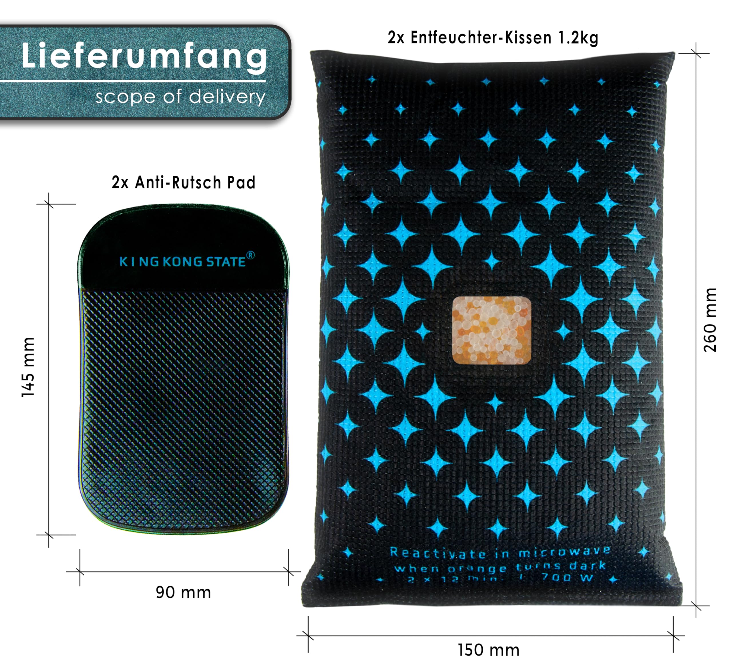 King Kong State Déshumidificateur pour voiture - Coussin déshumidificateur XXL 2 x 1,2 kg pour vitres embuées - Avec fenêtre indicateur et tampon antidérapant