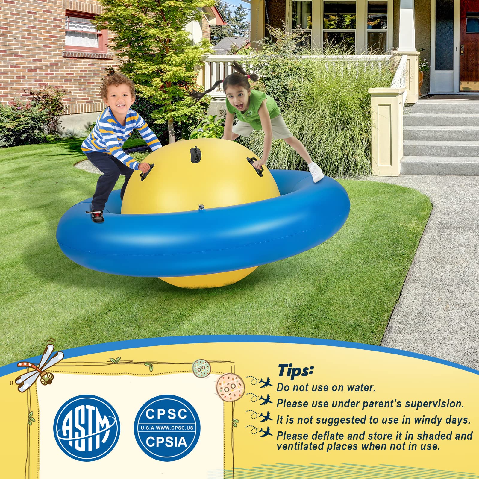GOPLUS - Bala inflable inflable para niños (giratoria, para jardín, hasta 3 niños, capacidad 113 kg, juego al aire libre, divertido, para niños de 5 años+ bomba no incluida (azul)