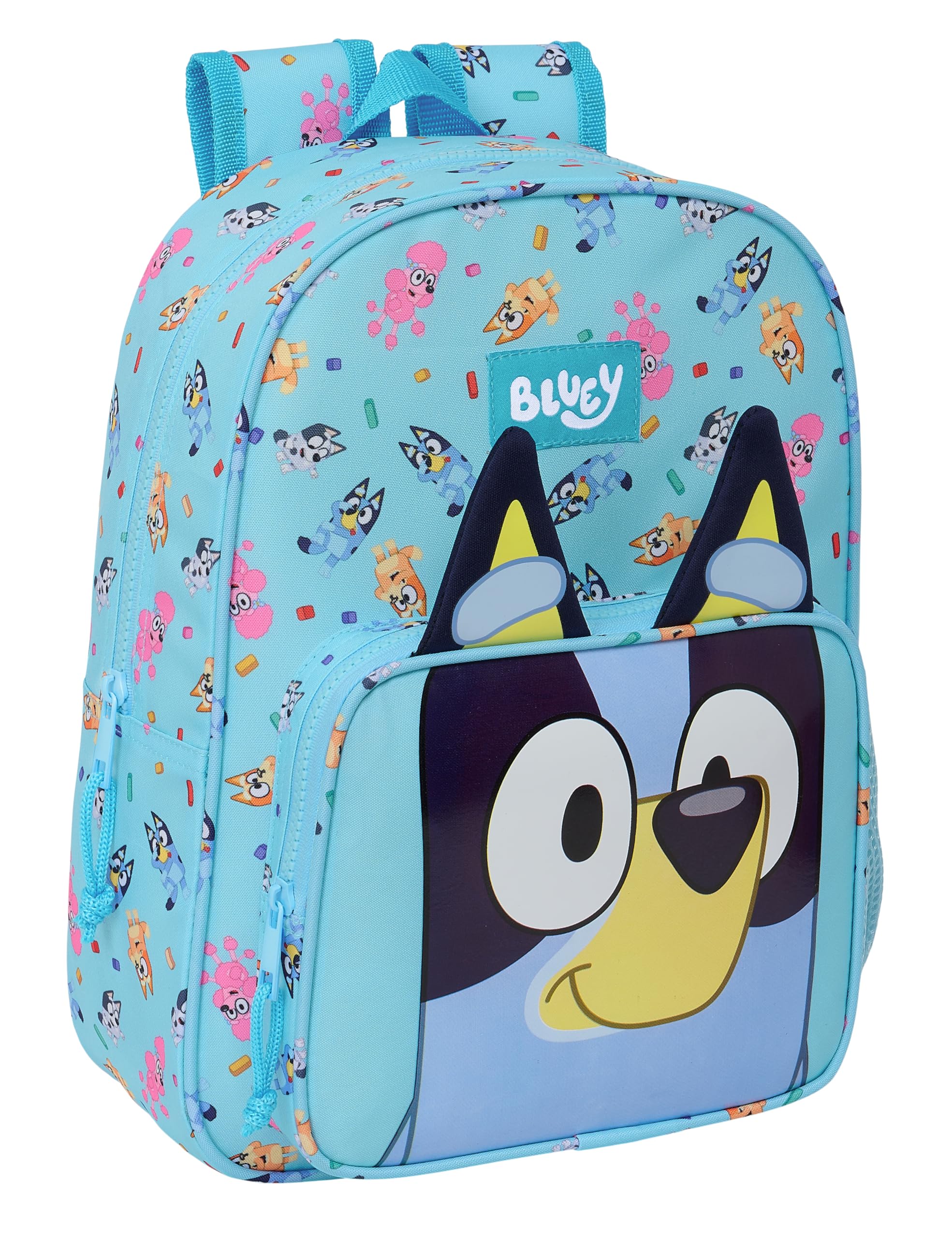 Safta BLUEY - Mochila Escolar Infantil Animada, Mochila Niño, Mochila Infantil, Adaptable a Carro, Ideal para Niños en Edad Escolar, Cómoda y Versátil, Calidad y Resistencia, 26x11x34 cm, Color Celeste