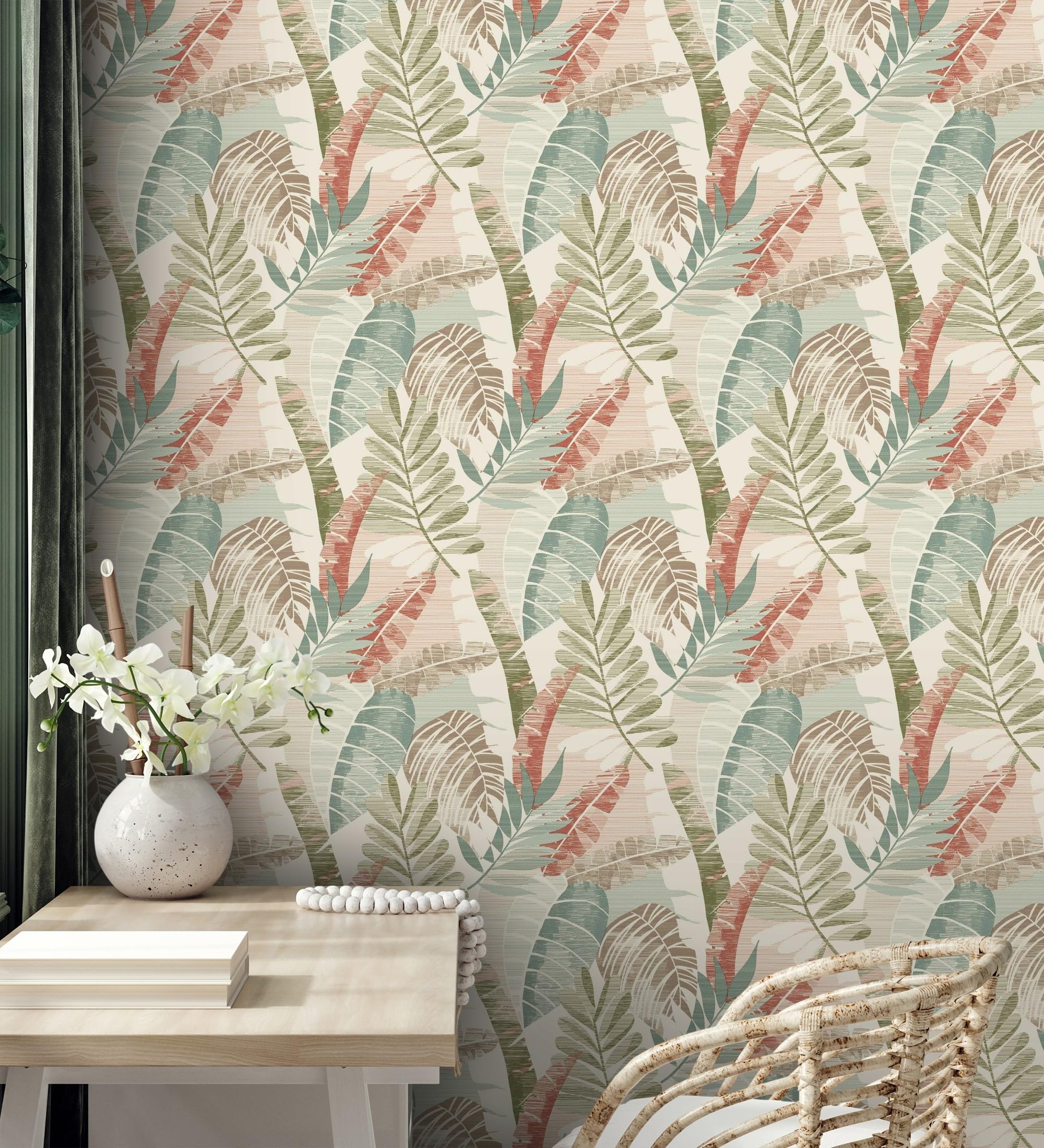 GAULAN 682819 - Papel pintado de hojas tropicales tonos verdes terracota claro y marfil para pared salón dormitorio pasillo comedor - Rollo de 10 m x 0,53 m
