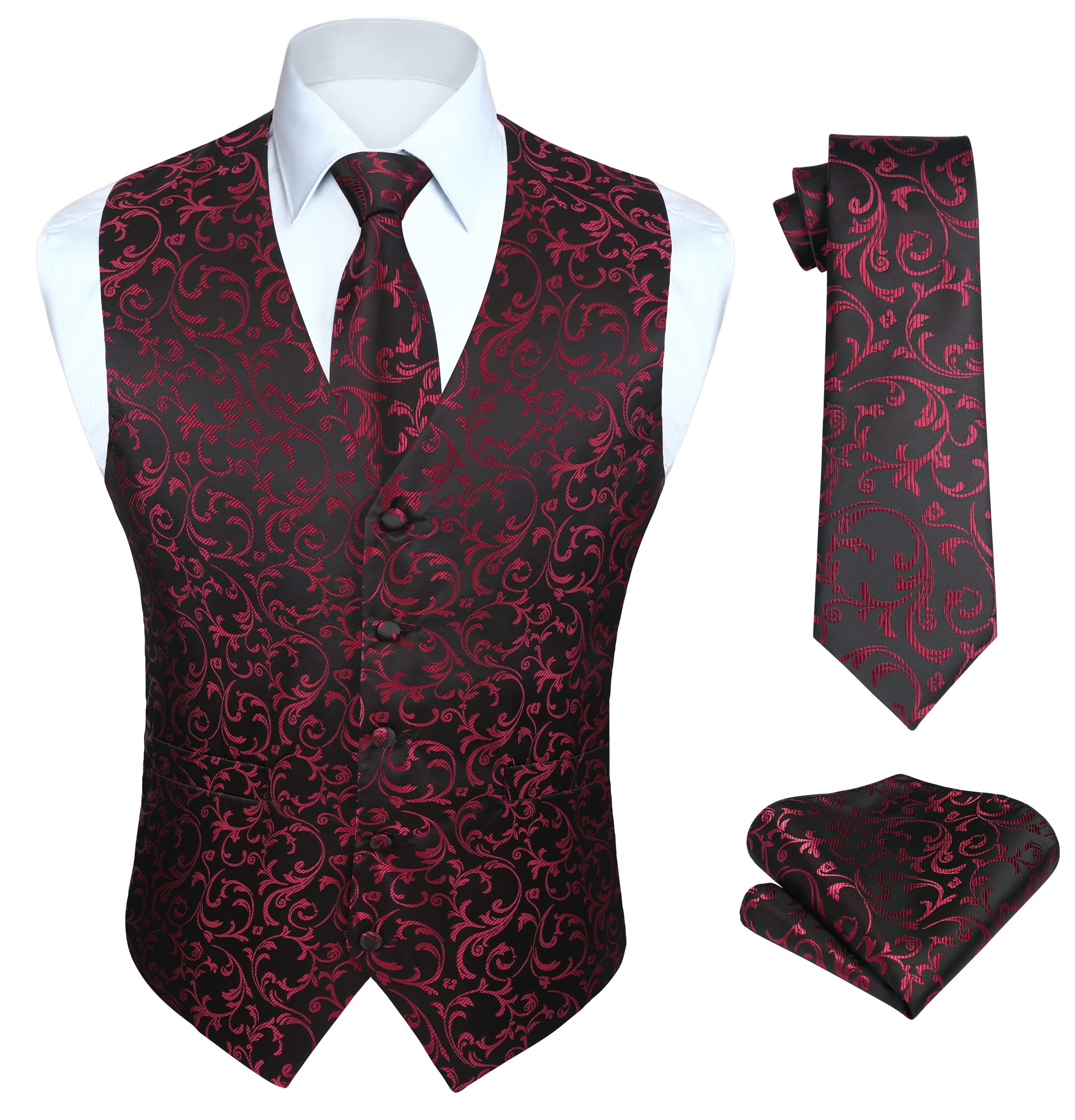 Enlision Chaleco de Vestir Hombre Boda Jacquard Paisley Elegante Chalecos Traje Corbata y Pañuelo Floral de Fiesta