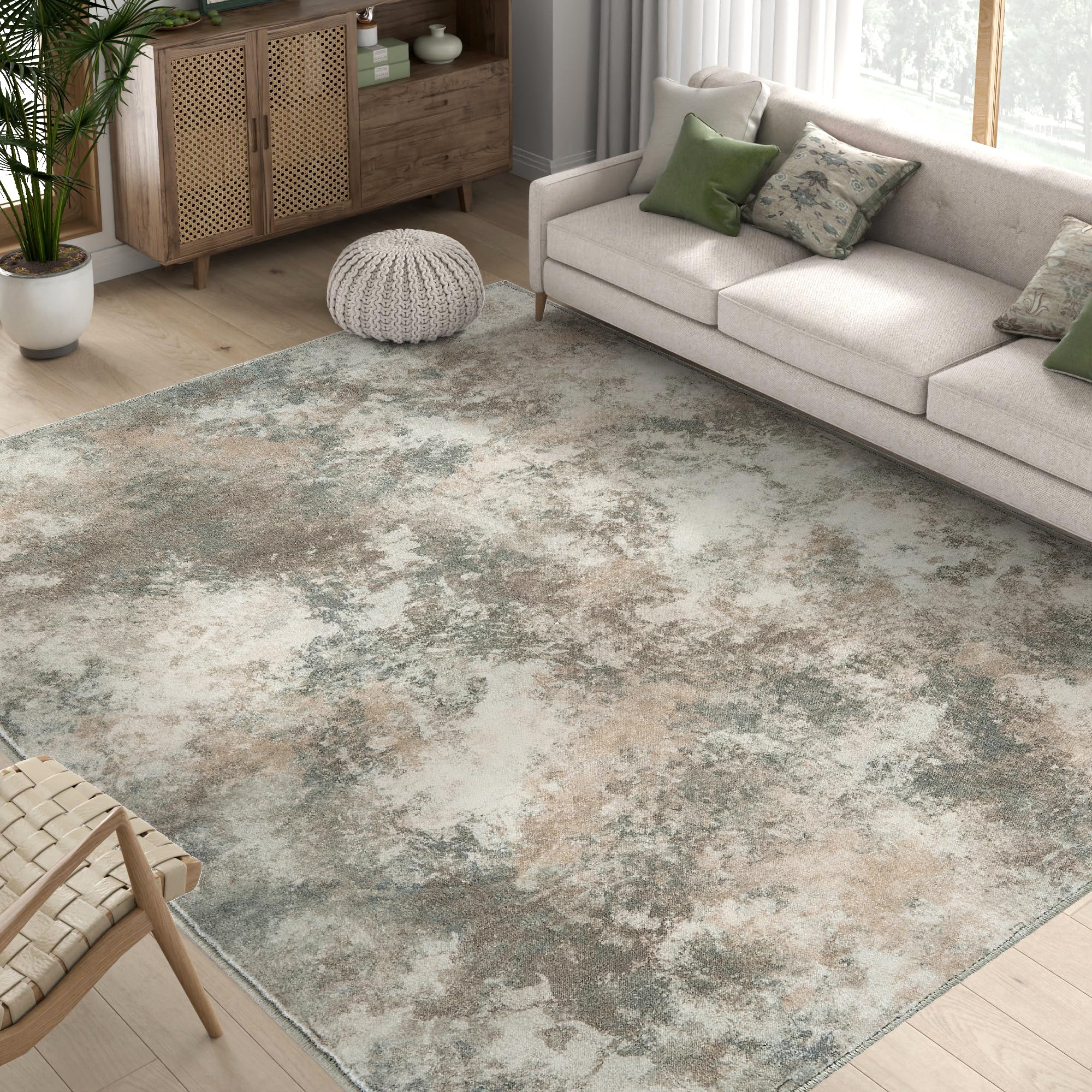 jinchan area rug 6x9 modern living room rug abstract washable indoor watercolor print contemporary floor cover non slip soft carpet for bedroom kitchen dining room home, tan multi