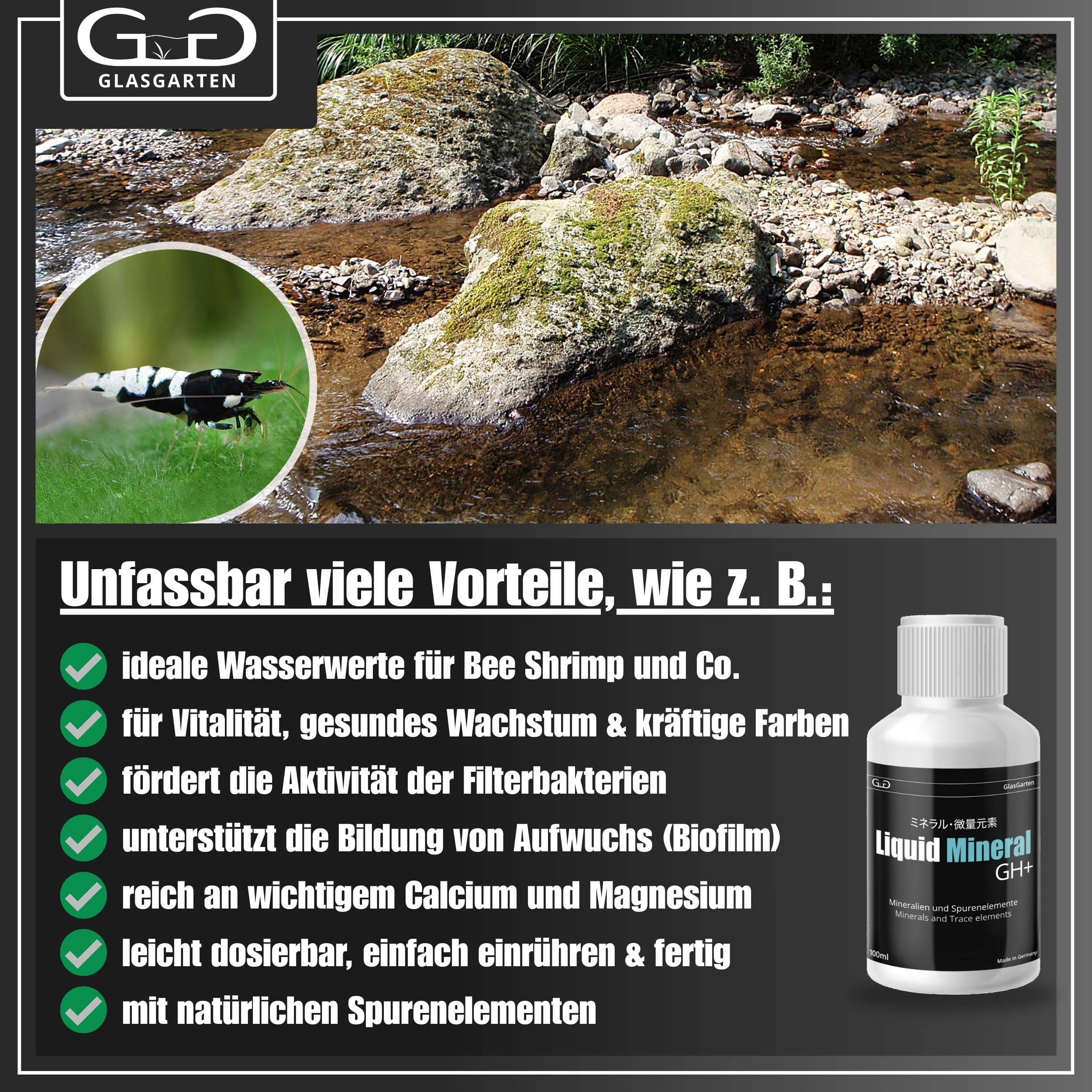 GlasGarten Liquid Mineral GH+ | 1 L/ 1000ml – flüssiges Mineralsalz zur Aufbereitung & Remineralisierung von Osmosewasser, Regenwasser, weichem Leitungswasser & vollentsalztem Wasser