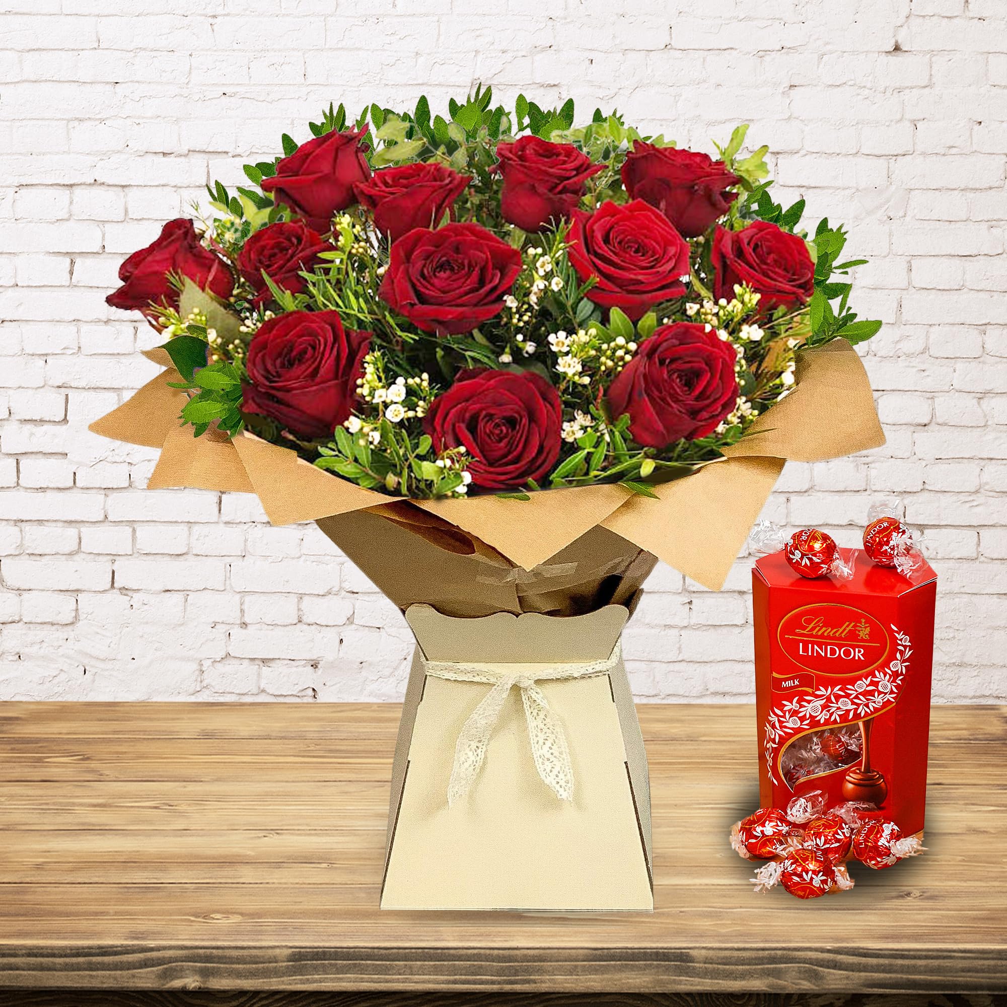 Dozen Red Roses - Hand-Tied Fresh Flower Bouquet - Perfect for Mother's Day, Birthdays, Anniversaries, and Special Occasions (+ Lindt Chocolates)