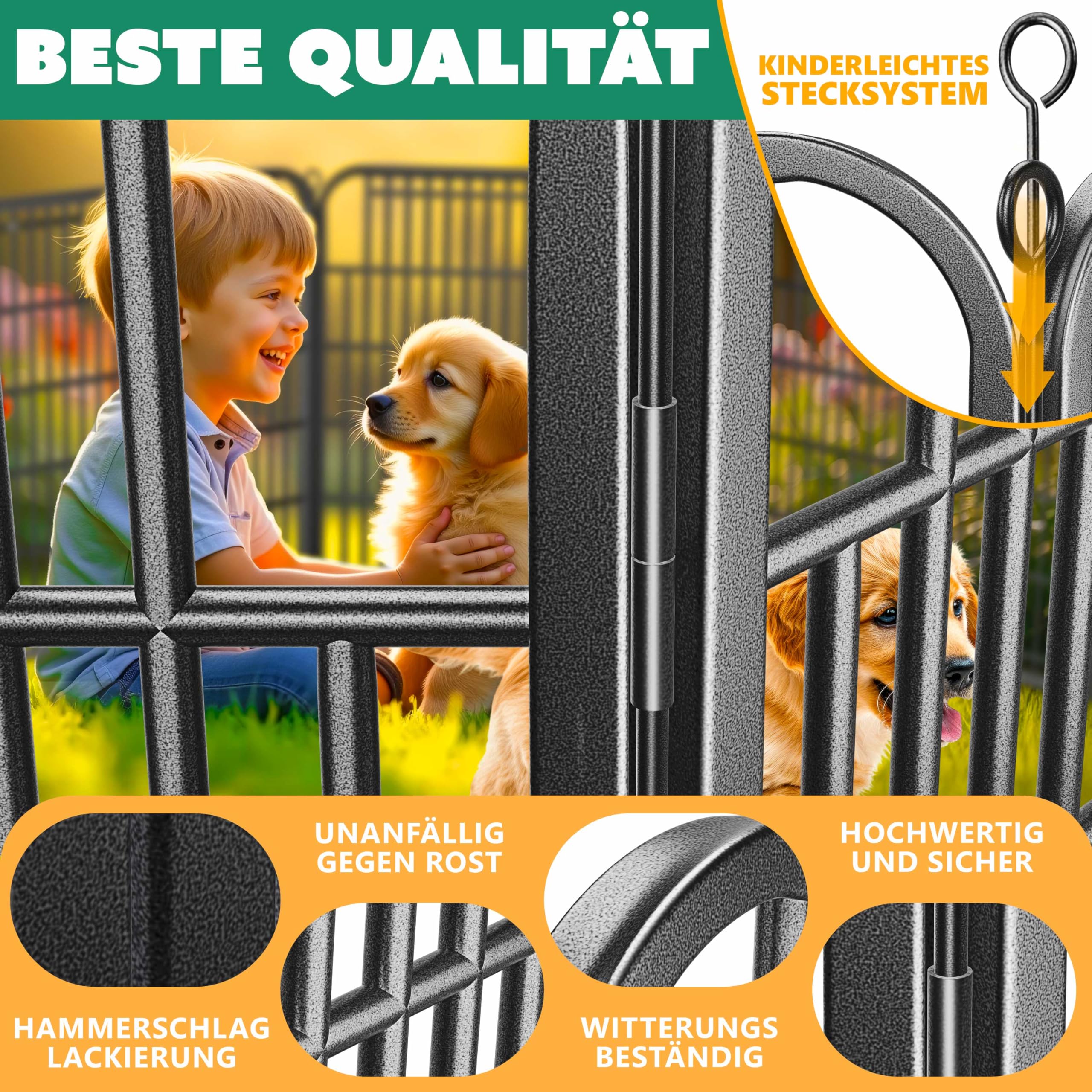 LovPet Welpenlaufstall Freilaufgehege Welpenauslauf I Hundelaufstall XXL 8 Gitter je 80x80 cm I Wetterfester Tierlaufstall mit Tür für Hund Katze Welpe Kaninchen Meerschweinchen I mit Dach & Erdankern