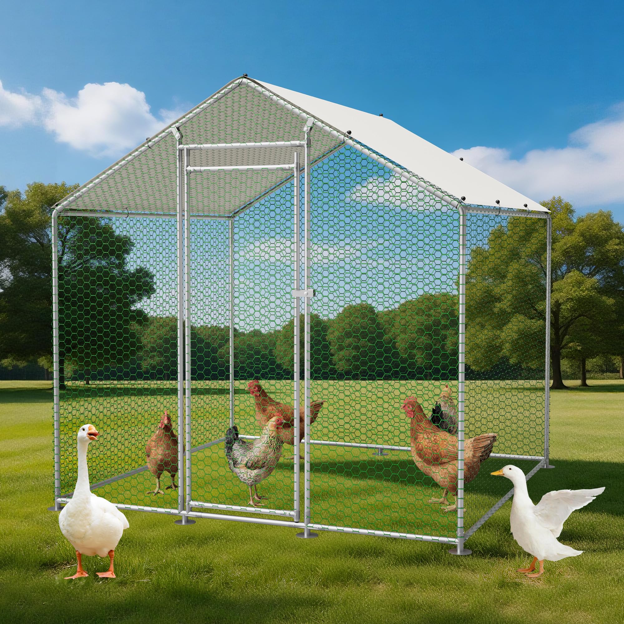 Thanaddo Hühnerstall Metall Freilaufgehege, 2x2 m Freilaufgehege Hühner mit PE-Tuch, Verzinkter Stahl Kleintierstall mit Riegelsystem-Tür für Hühner Haustierkäfig Hühnerkäfig Kleintiere Garten