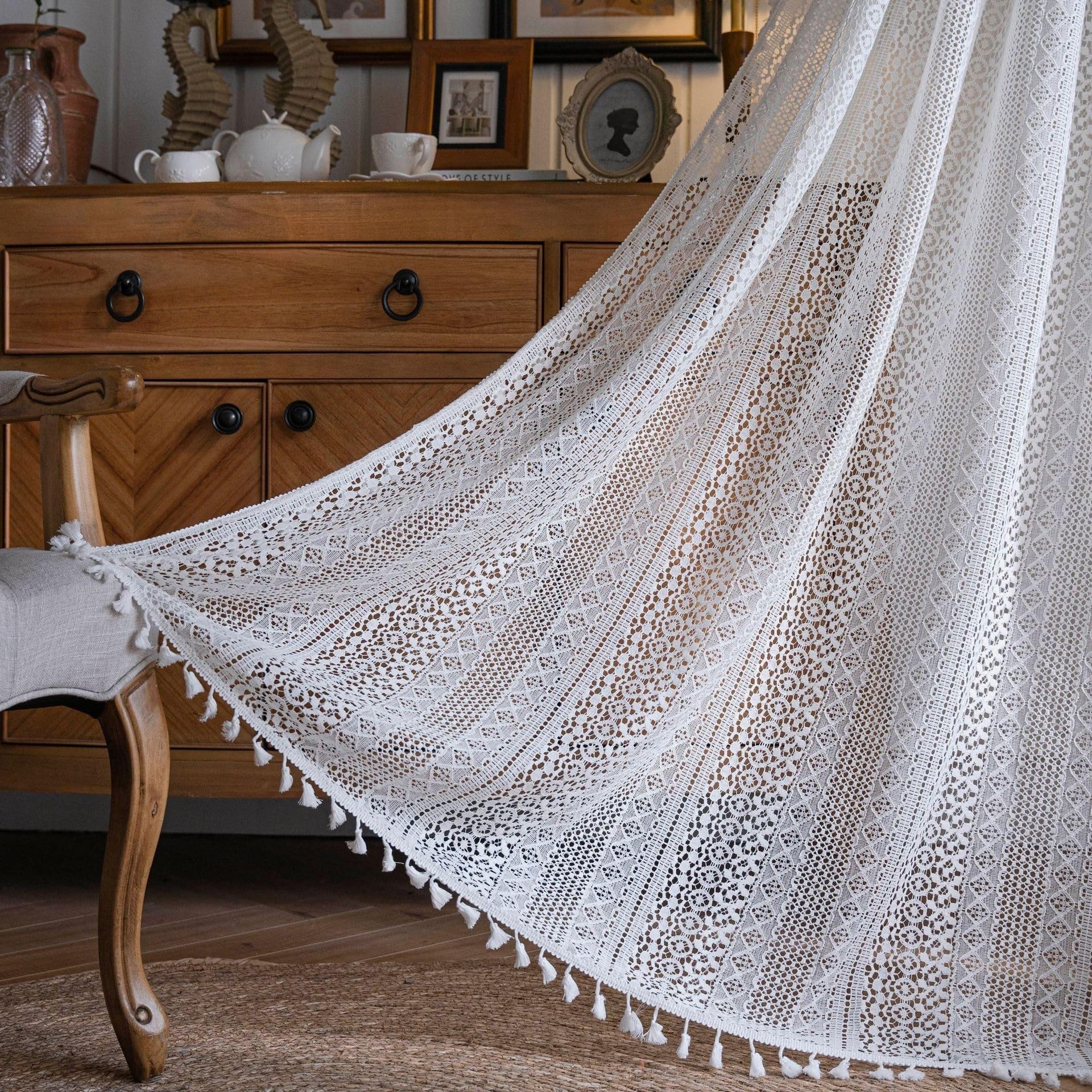Rideaux à pompons carrés en coton crocheté pour chambre à coucher salon avec passe-tringle 150 x 260 cm