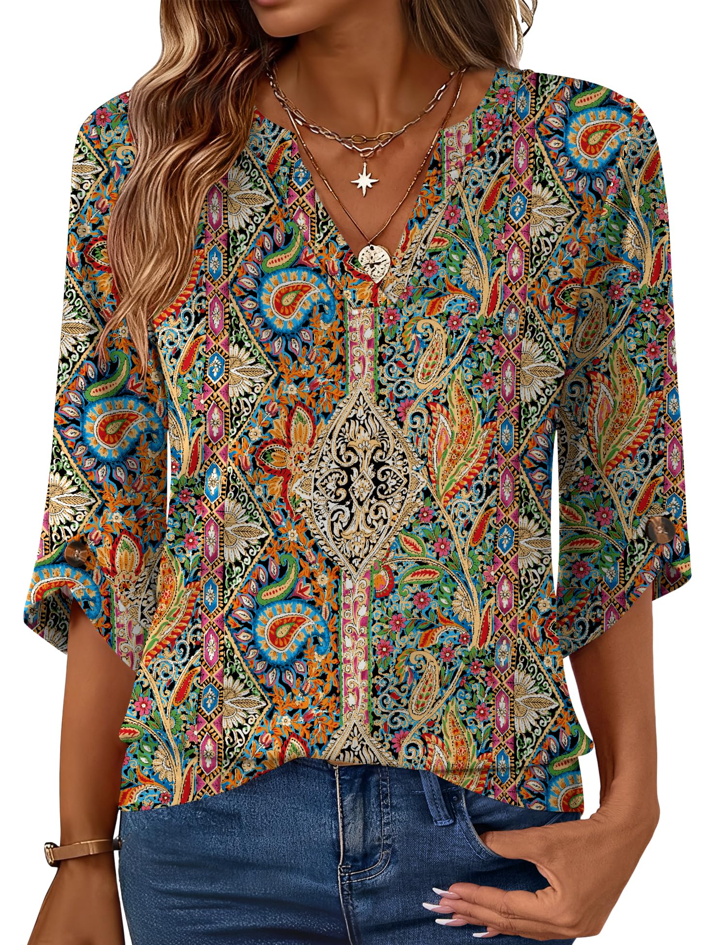 Rapbin Bluse Damen 3/4 Arm Langerm Oberteil Shirt 2026 Sommer Elegant Top Oberteile V Ausschnitt Blusen Lässig Locker Tunika
