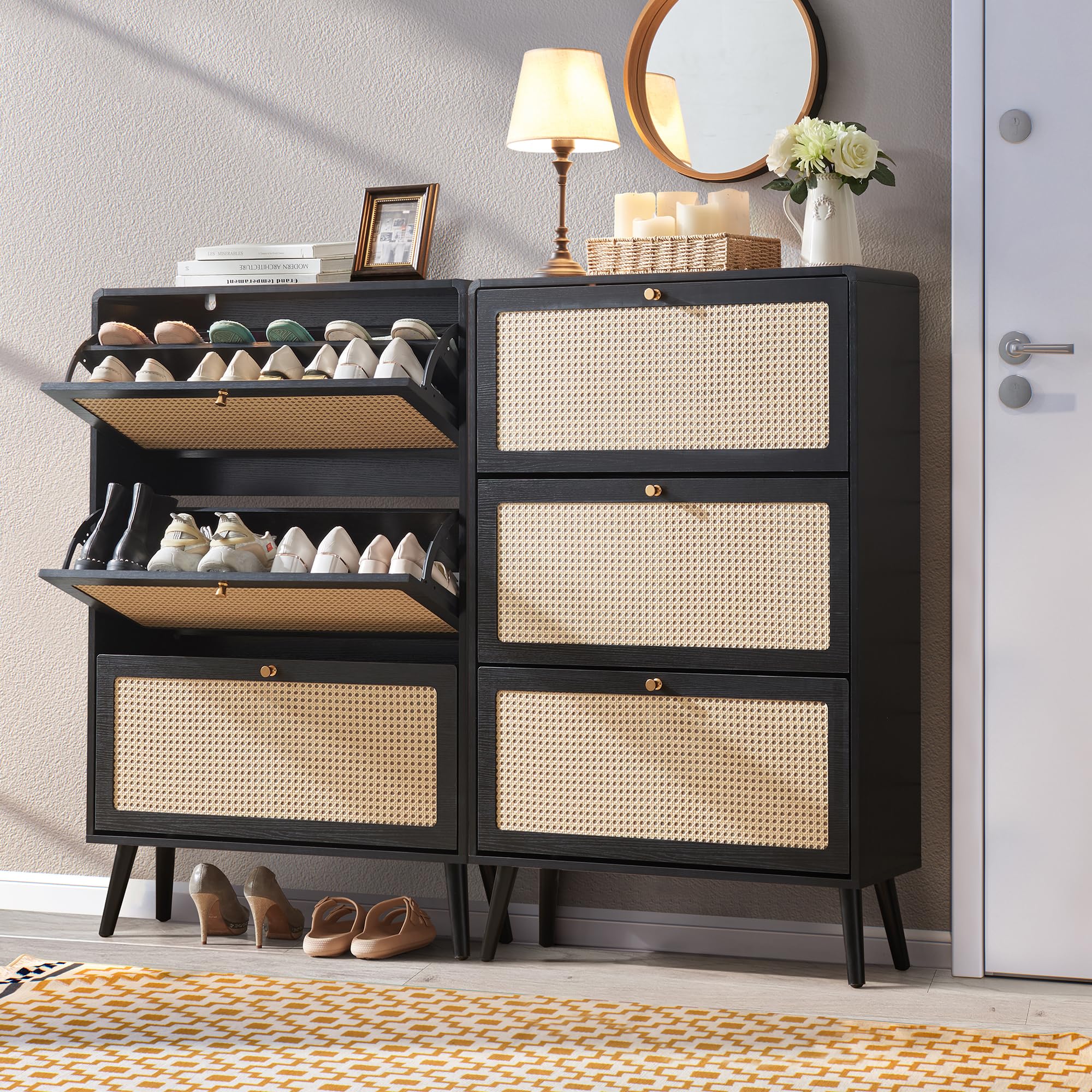 Rattan Shoe Cabinet with 3 Flip Drawers Set of 2, 48 Pairs Shoe Storage Cabinet for Entryway Freestanding Hidden Shoe Rack with Drawers Slim Shoe Organizer for Hallway, Living Room, Black