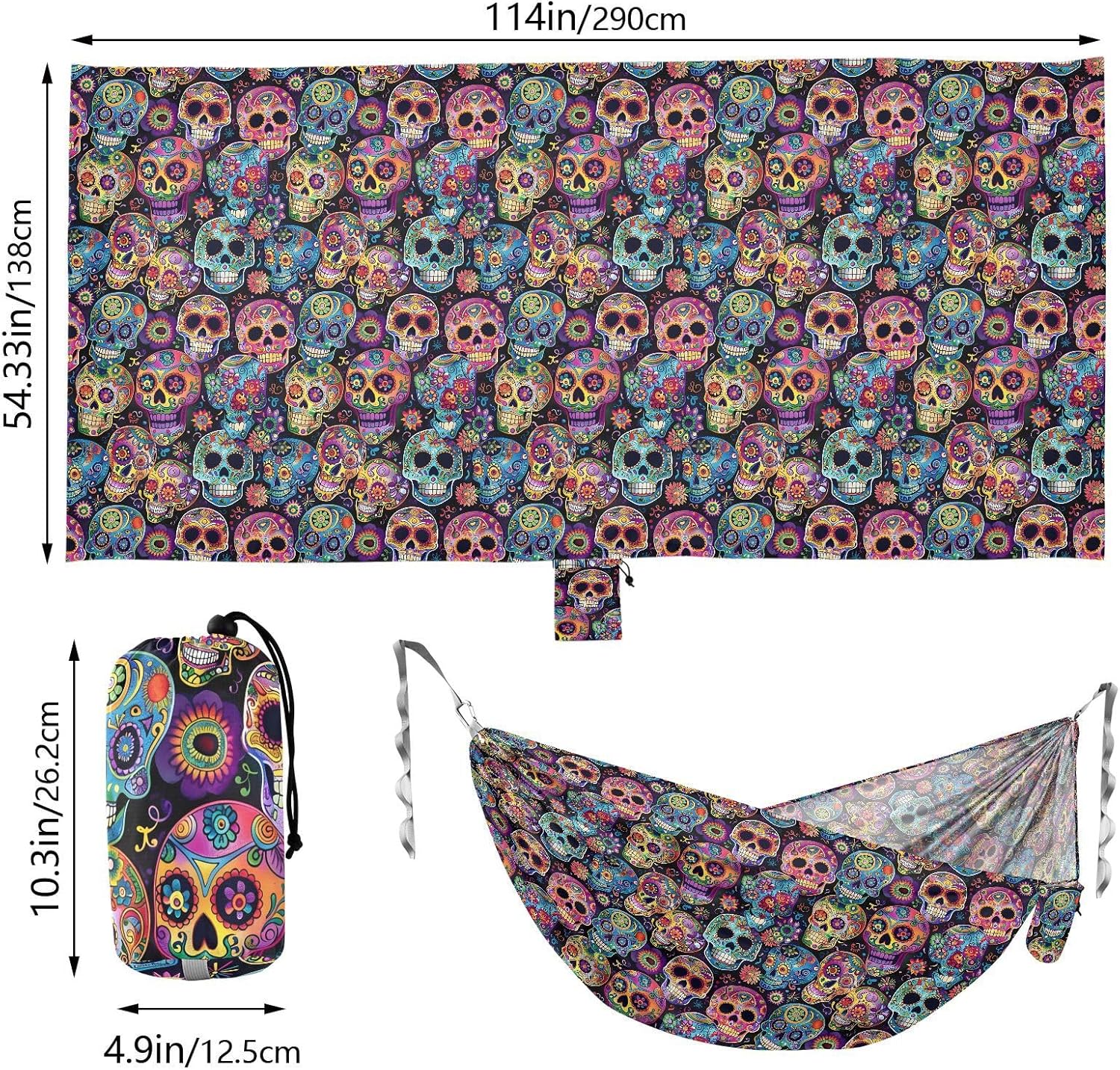 ALAZA Sugar Skulls Day of Dead Camping Hammocks Single or 2 Person 500 lbs Portable Parachute Travel Hammock w/Tree Straps for Hiking Backpacking Indoor Outdoor