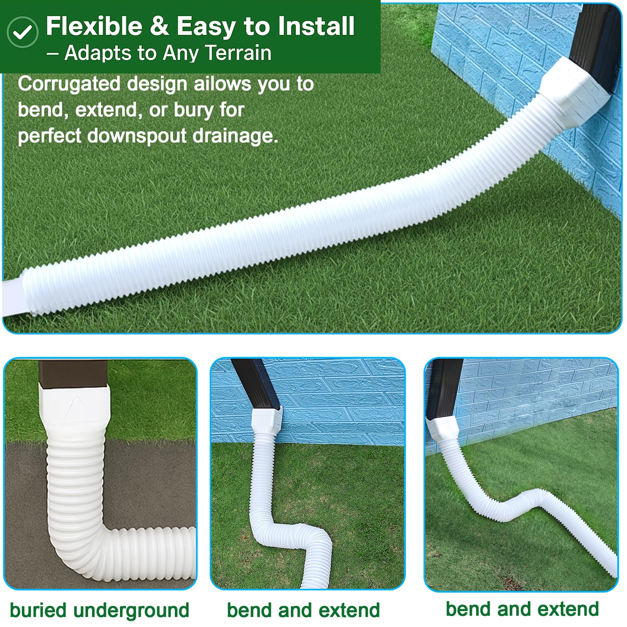 Paquete de 2 extensiones de canalón de lluvia flexibles, extensor de bajante para drenaje de agua de lluvia flexible, tubo de extensión de drenaje de boquilla descendente, extensible de 21 a 62