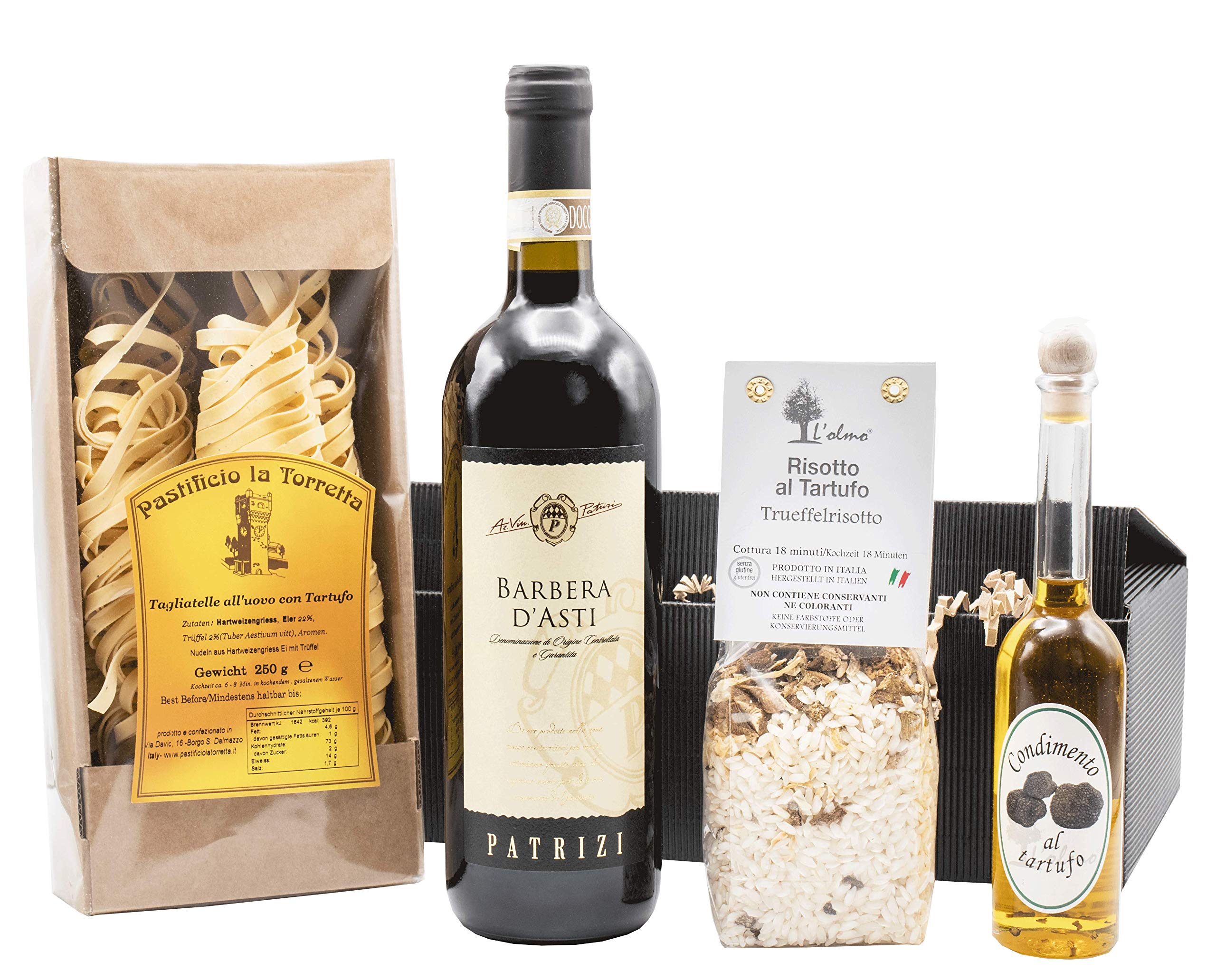 Weinpräsent Präsentkorb „Trüffelsuche“ mit italienischen Spezialitäten: Italienischer Feinkost und Barbera (13 % vol.) mit Trüffel-Risotto, Würzöl mit Trüffel, 2017 trocken (1 x 0.75 l)