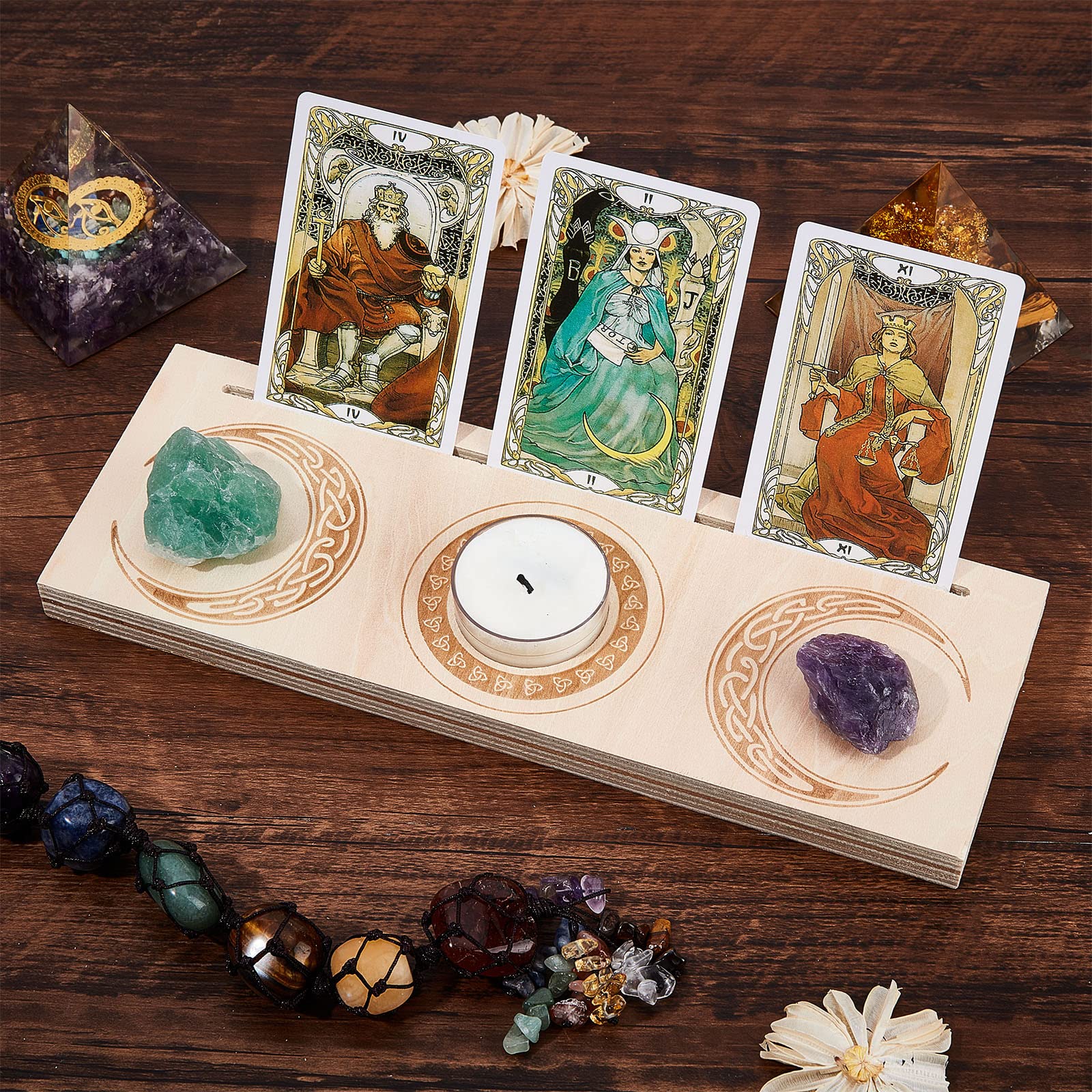 GORGECRAFT 9.5x3.4x0.6 Inch Wooden Tarot Card Stand Candle Holder Moon and Knots Pattern Carved Rectangle Shaped Thick Altar Display Stand Holder for Witch Divination Tools Decor Wiccan Supplies - Image 3