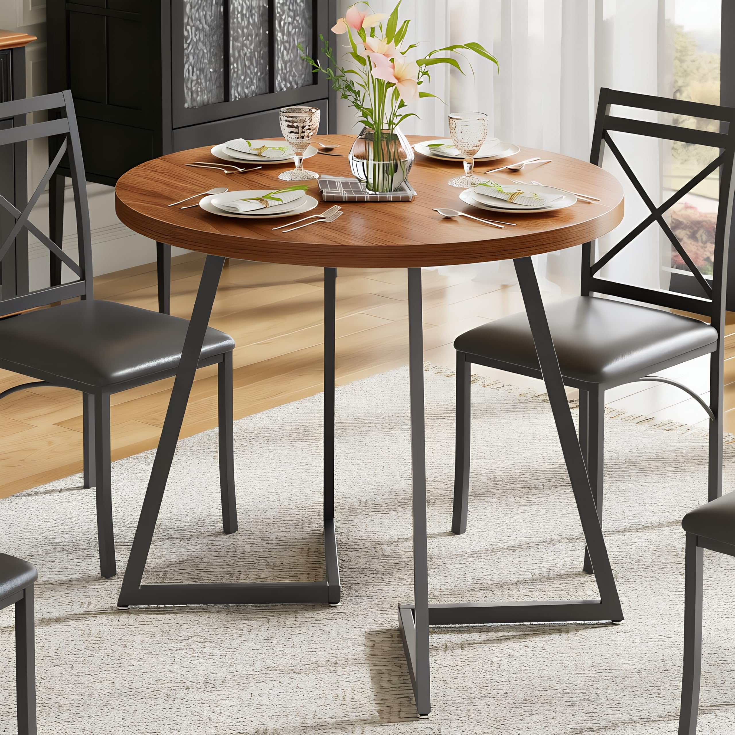 VECELO 35" Round Dining Table for 4, Wood-Grain Tabletop & Heavy-Duty Steel Frame, for Kitchen, Living Room, Easy Assembly, Walnut