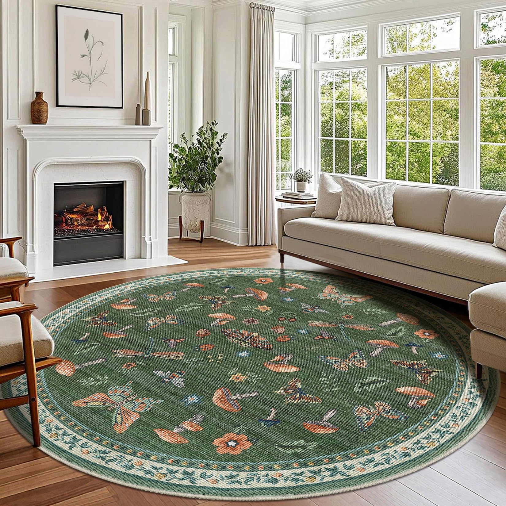 ROYHOME Mushroom Insect Round Rug