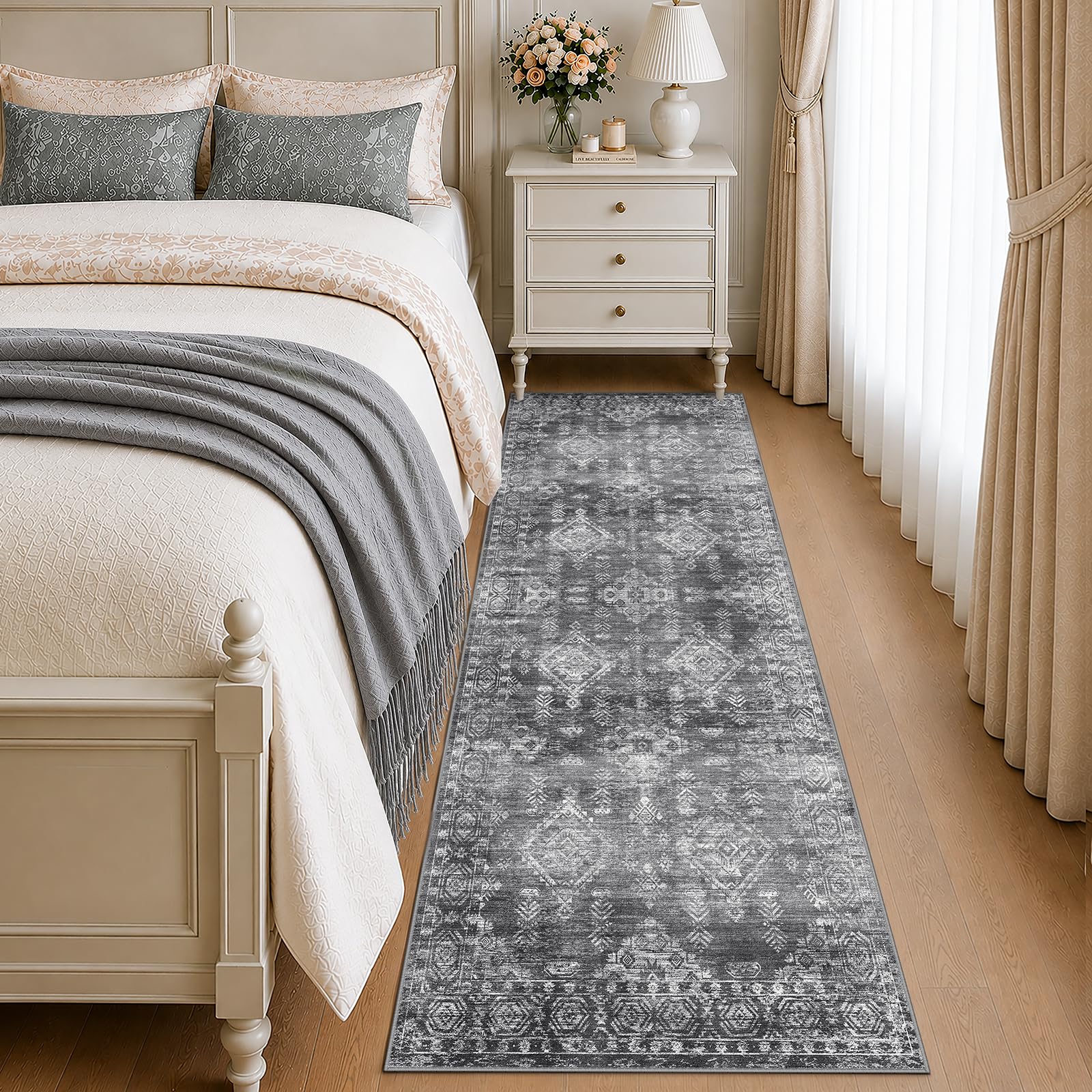 Waschbarer Teppich Läufer 60 x 240 cm, Läufer Flur rutschfest, Grau