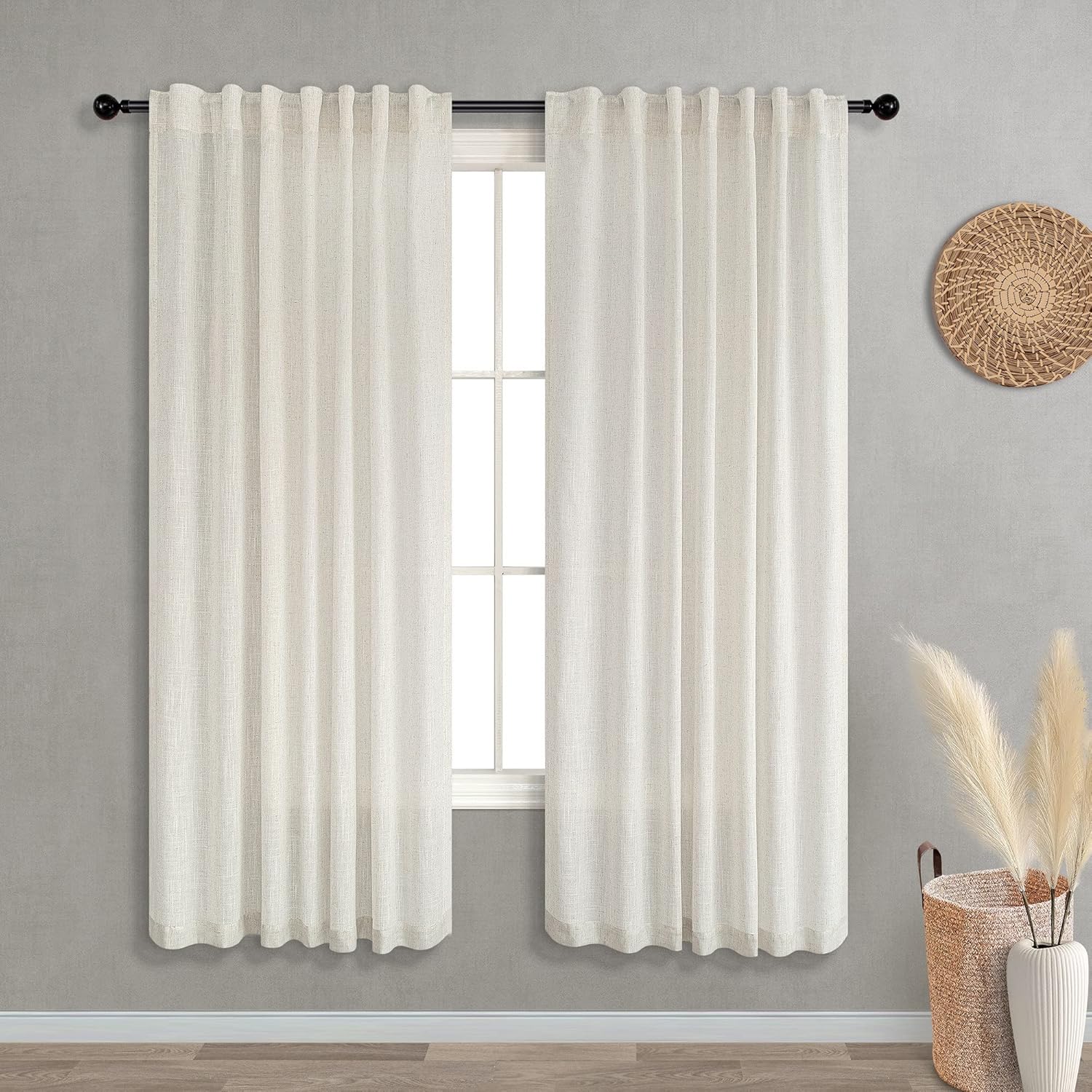 KOUFALL Natural Linen Curtains 63 Inch Length 2 Panels for