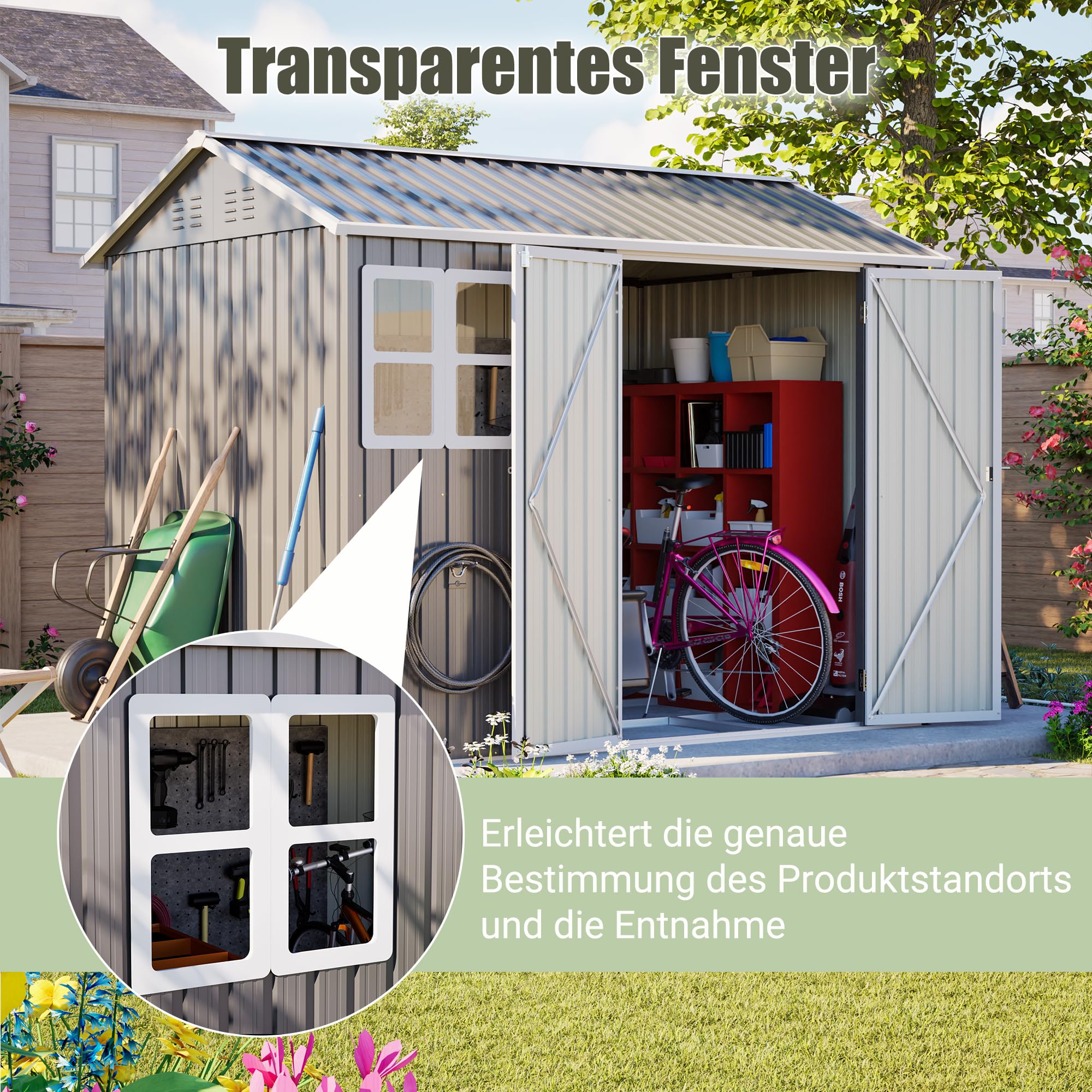 Thanaddo 8×6ft Gerätehaus Metall Groß Geräteschuppen 250x180x200cm mit Fundamentrahmen, Wetterfest Gartenhaus mit Fenster & Abschließbarer Tür, Gartenschuppen für Outdoor Garten Hinterhof, Grau