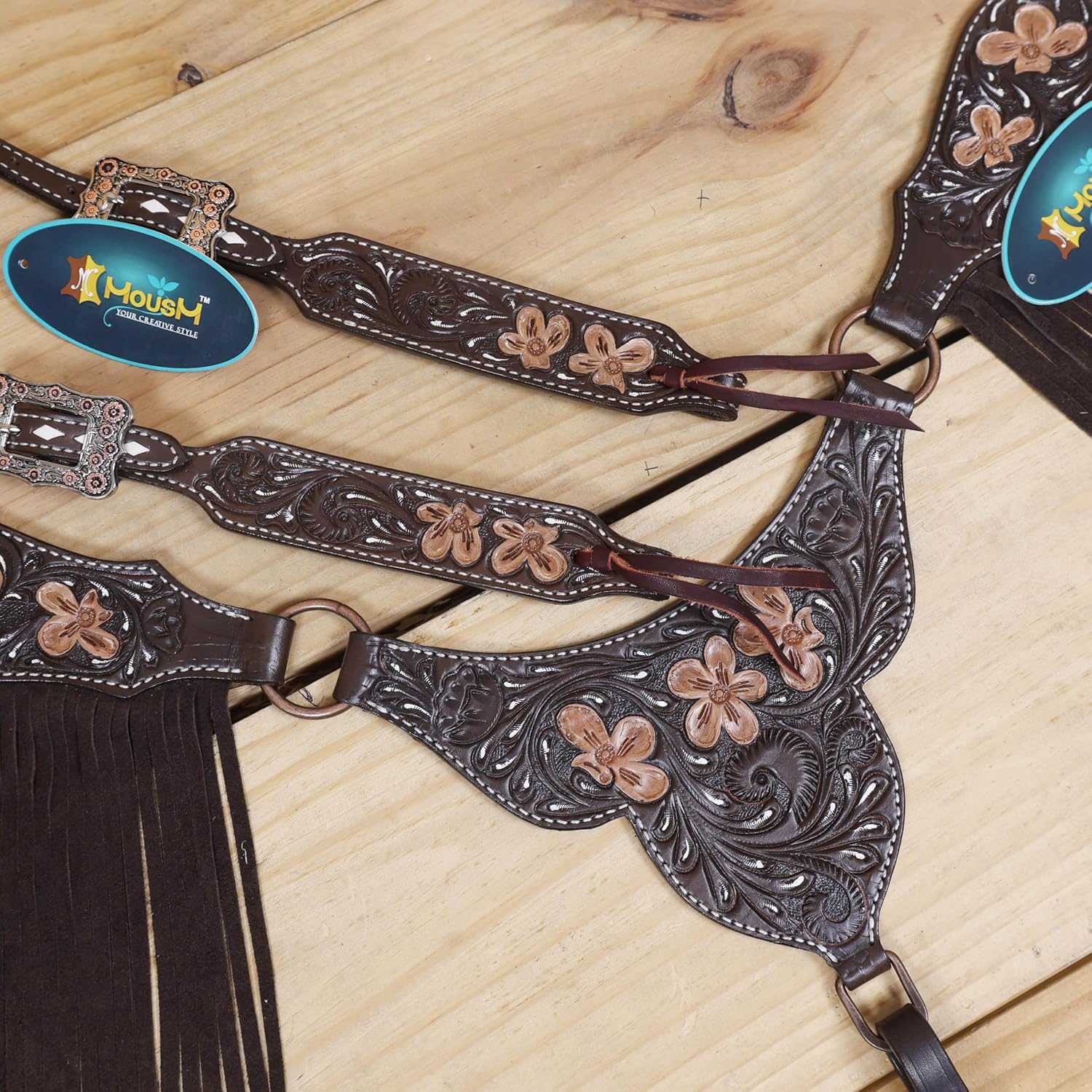 Western Leather Headstall and Breast Collar Tack Set with Flower Carving, Hand Painting, and Brown Fringe, Argentina Cow Leather