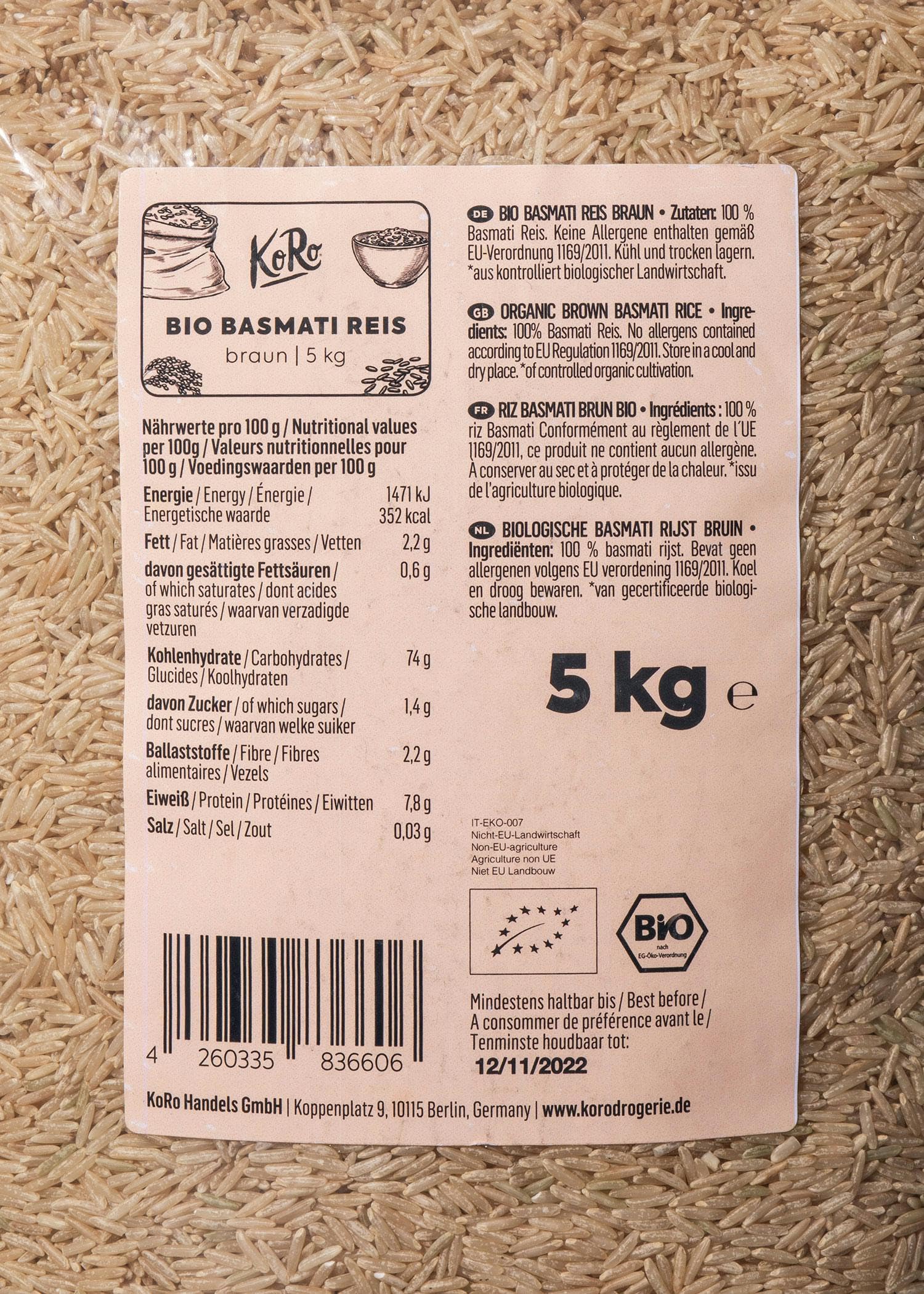 KoRo - Riz Basmati biologique brun 5 kg - Arôme intense - Goût de noisette - Consistance moelleuse