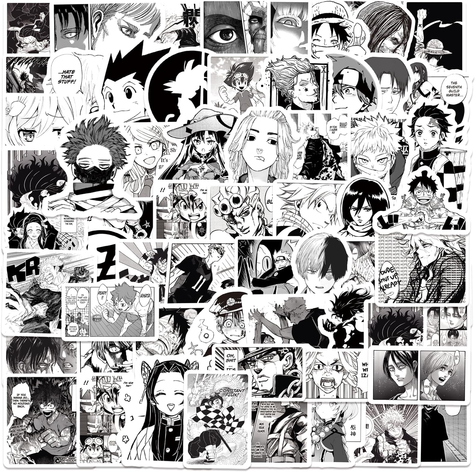 100pcs Japanese Black and White Cartoon Anime Characters Decals Movie Decorative Sticker for Kids Teens Waterproof Stickers for Water Bottle Laptop Luggage Helmet Skateboard Guitar