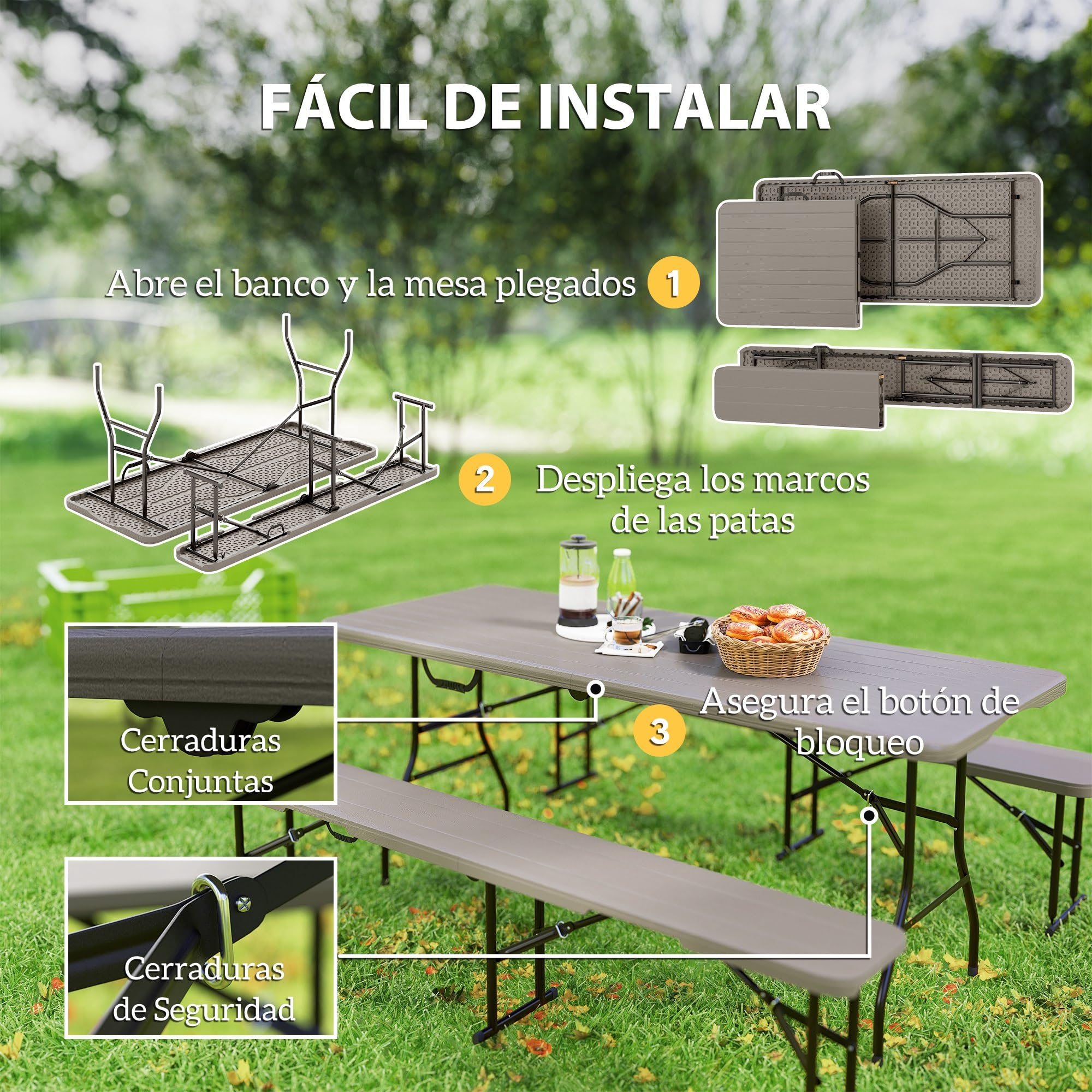 Outsunny Conjunto de Camping Plegable de 3 Piezas Mesa Plegable Camping con Bancos Incluye 1 Mesa 180x74x74 cm y 2 Bancos Efecto Madera Impermeable para Acampadas Jardín Pícnic Marrón