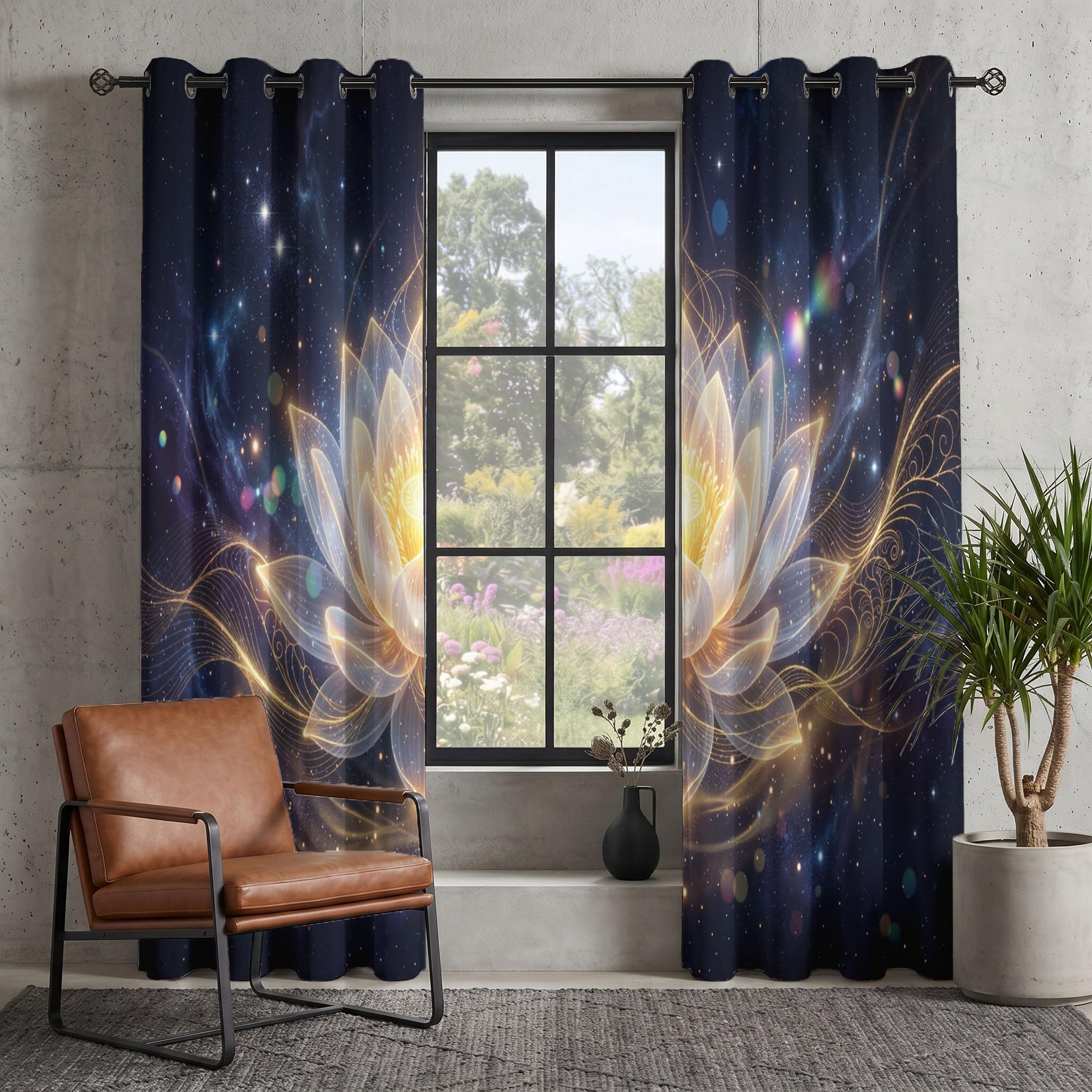 Tende per bambini ragazzi ragazze Fiori fantastici | Loto splendente sotto un cielo stellato occhielli oscuranti termicamente isolati tende per finestra per cameretta dei bambini140 X 260 cm