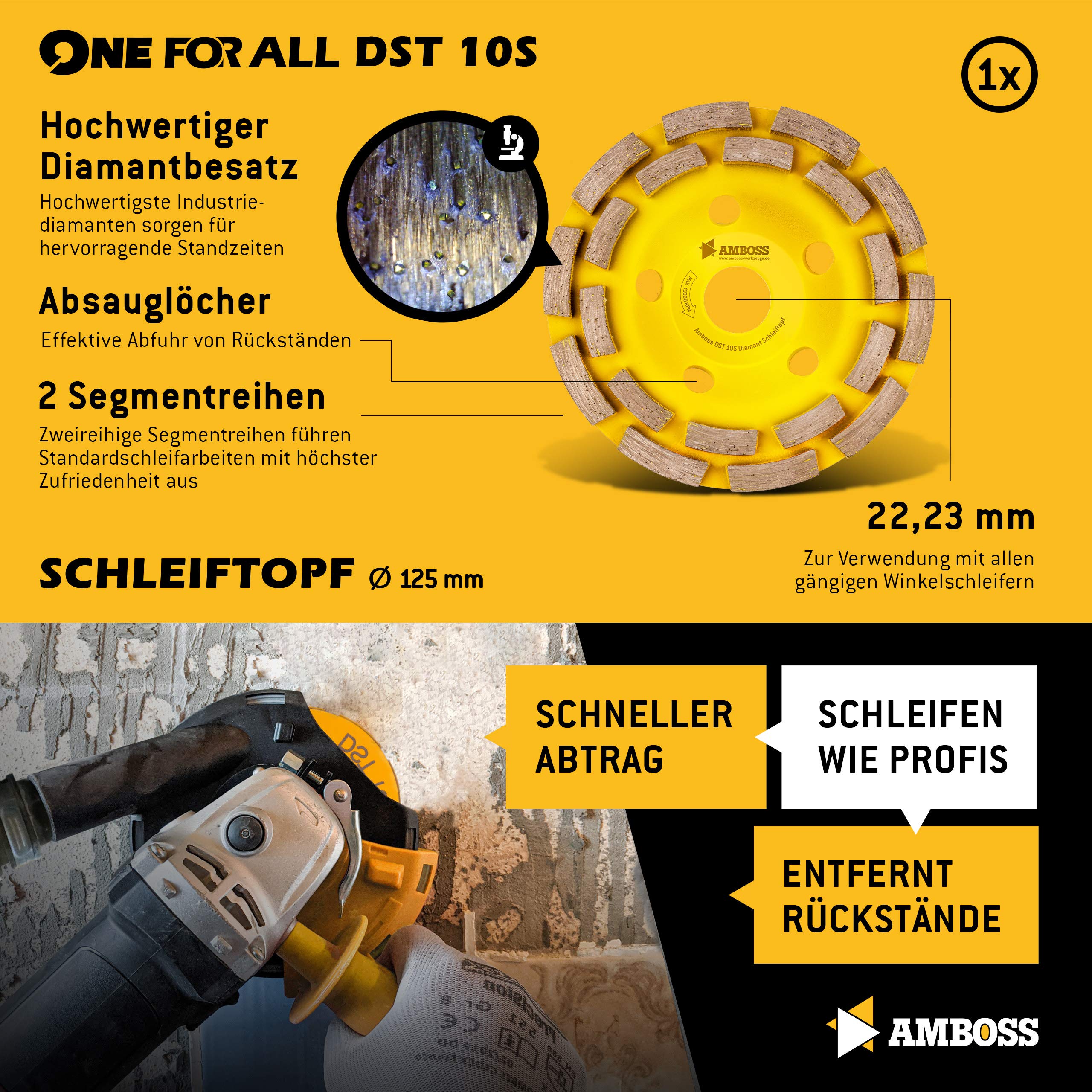 Amboss - Set Diamant-Lochsägen + Trennscheiben + Schleiftopf/One For All Set 9 / Ø 6-125 mm/perfekt für Sanierungen im Küchen- und Sanitärbereich/geeignet für Winkelschleifer