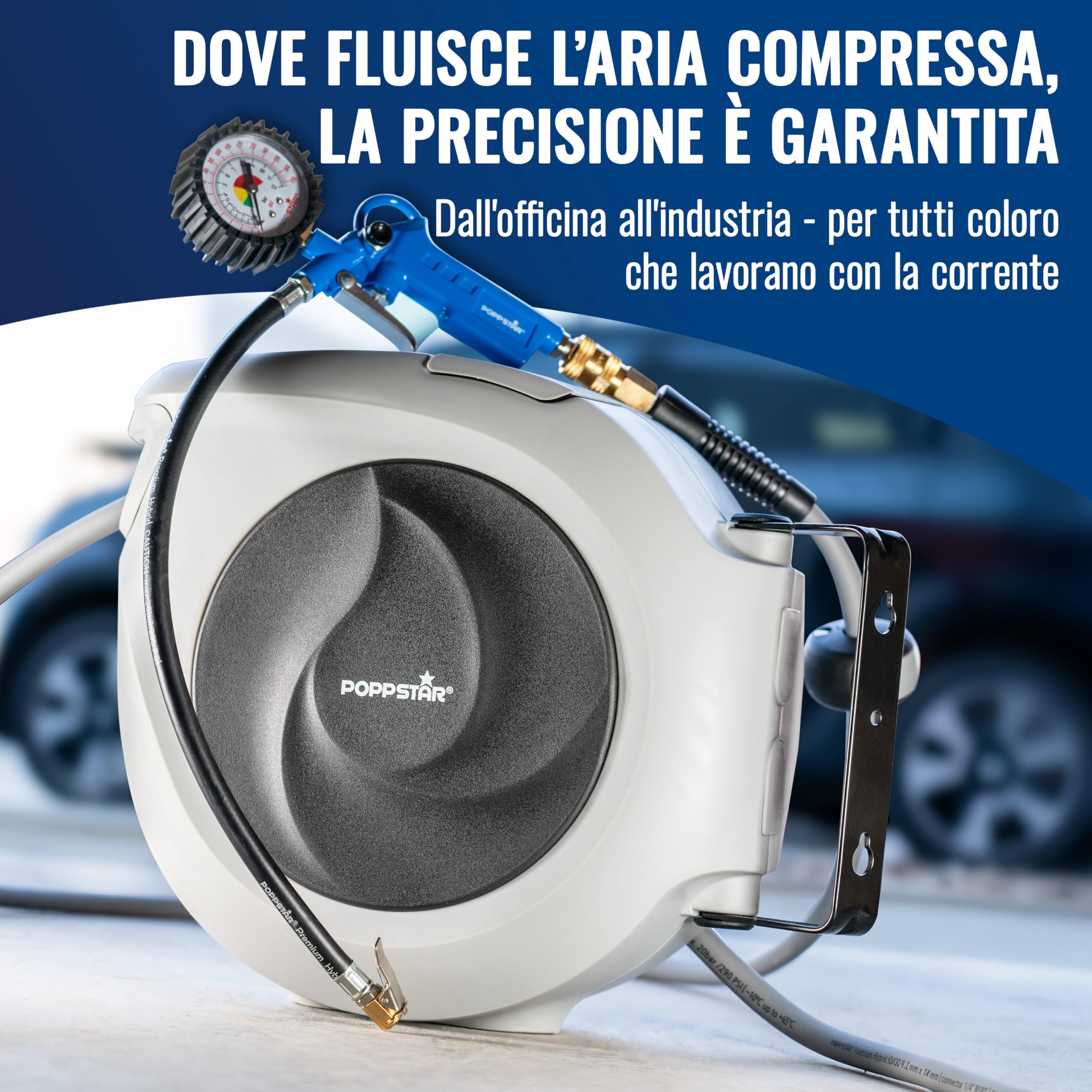 Poppstar Avvolgitubo per tubi ad aria compressa (15m+1,1m, diametro 3/8" (9,2x14mm)), attacco rapido 1/4" BSPT, avvolgitubo con tubo PVC ibrido