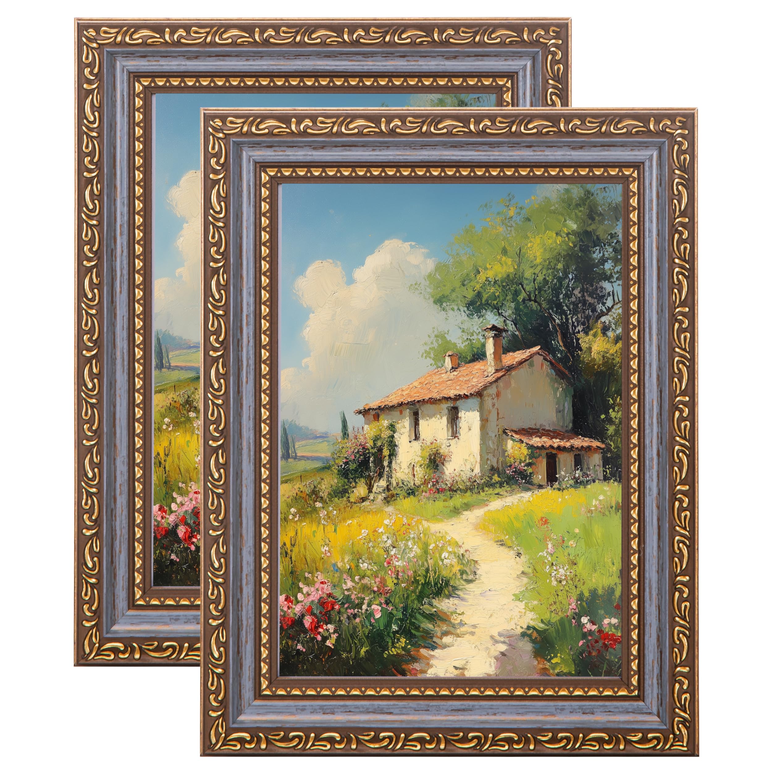 eletecpro 5x7 Vintage Picture Frame, Glass Cover, Blue Gold, 2-Pack