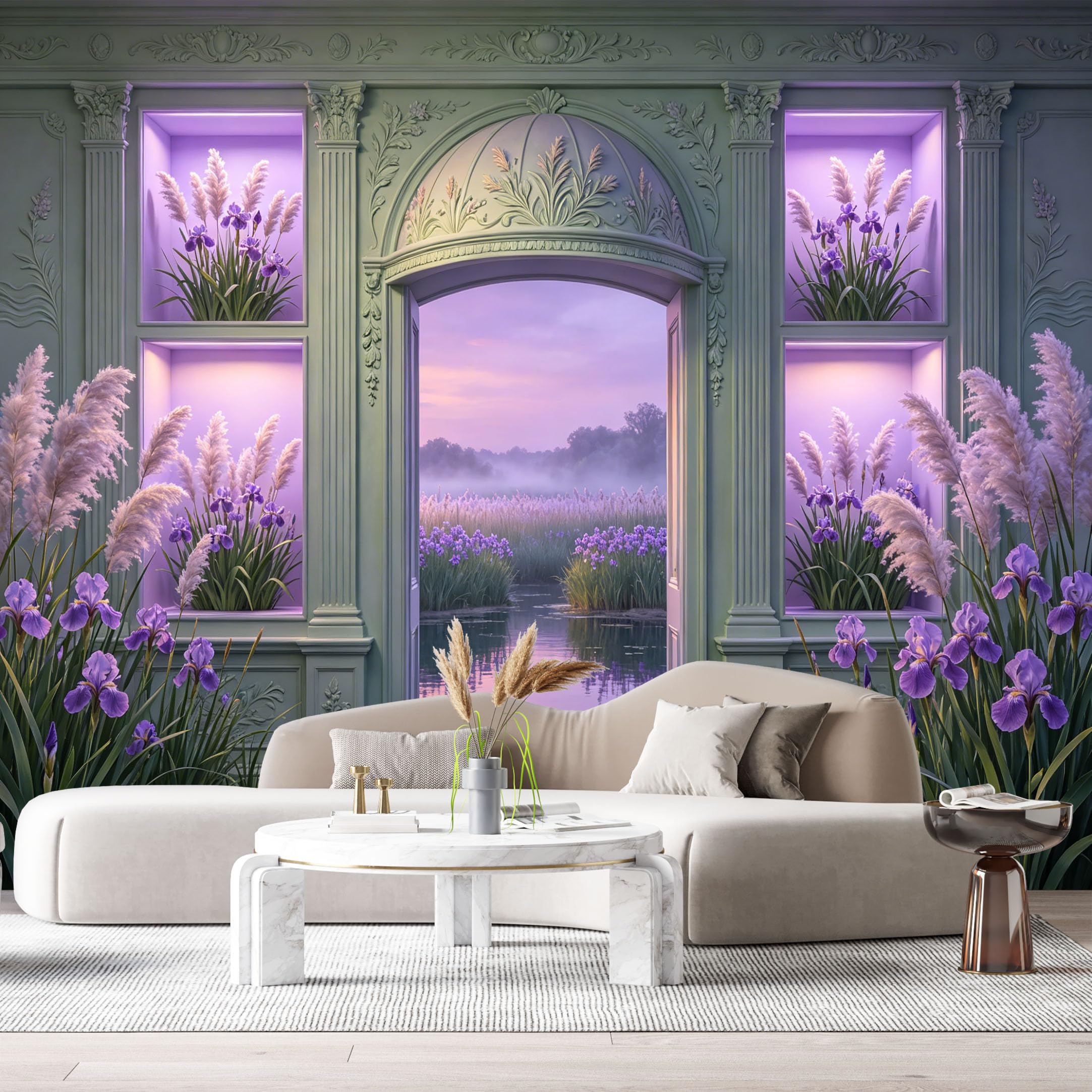 Custom Size Wall Murals Palace Archway Purple Iris Watercolor 3D Trompe L'Oeil SelfAdhesiveWall Fabric Removable Wallpaper Wall Decor for Living Room Bedroom Bathroom