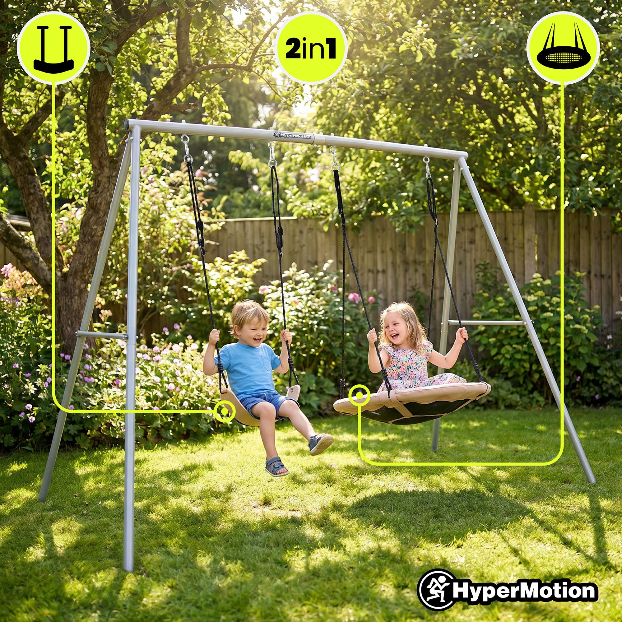 HyperMotion Altalena Doppia da Giardino con Nido e Seduta Classica, Acciaio, Tessuto Oxford, PE, PP, EPE, Grigio/Beige, 235x172x183 cm