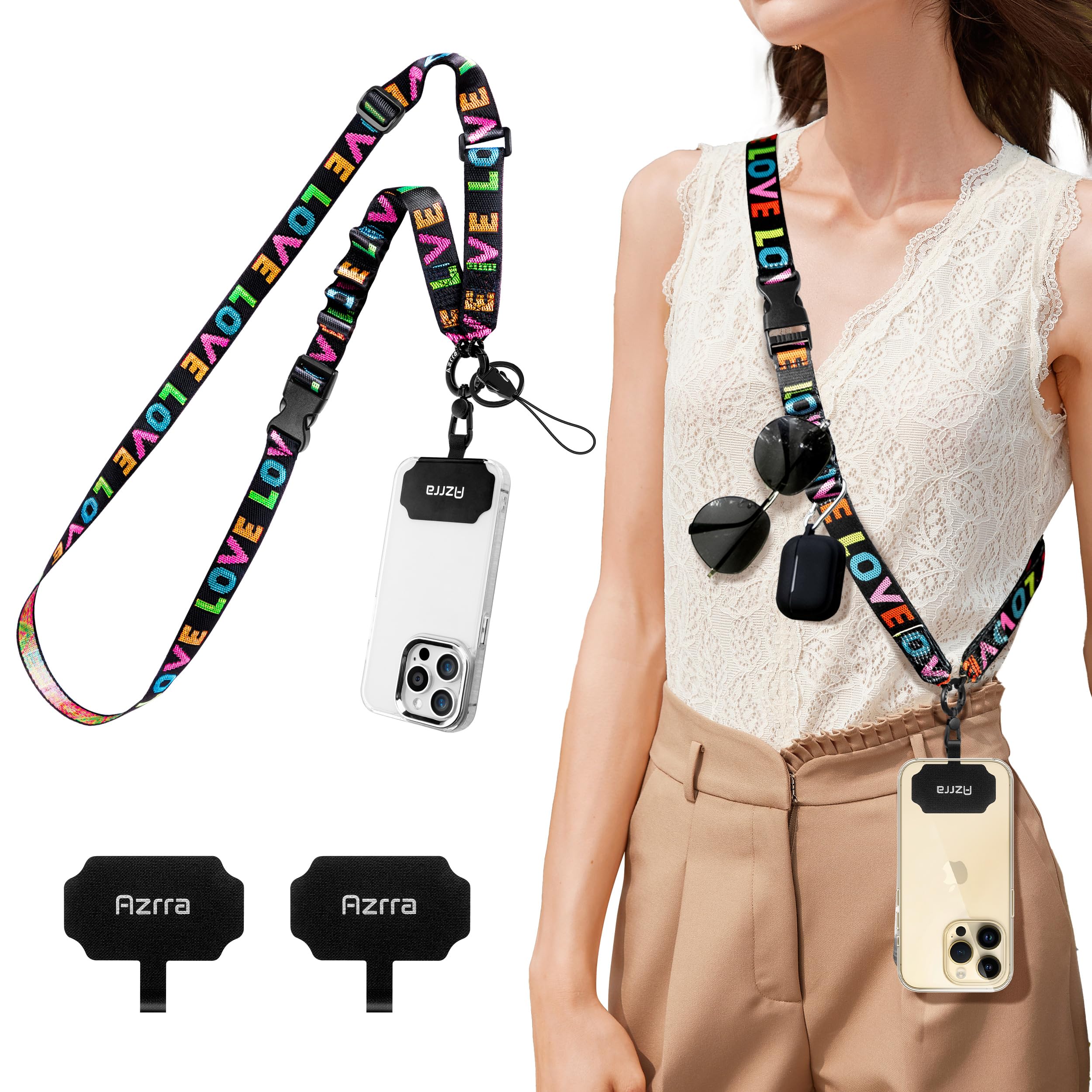Azrra Phone Lanyard Crossbody, Cellphone Lanyard for Around the Neck, Adjustable Anti Theft Phone Strap, Black Crossbody Strap for iPhone Case, Keys, Earphone, Sunglasses, Wallet (Black - Love)