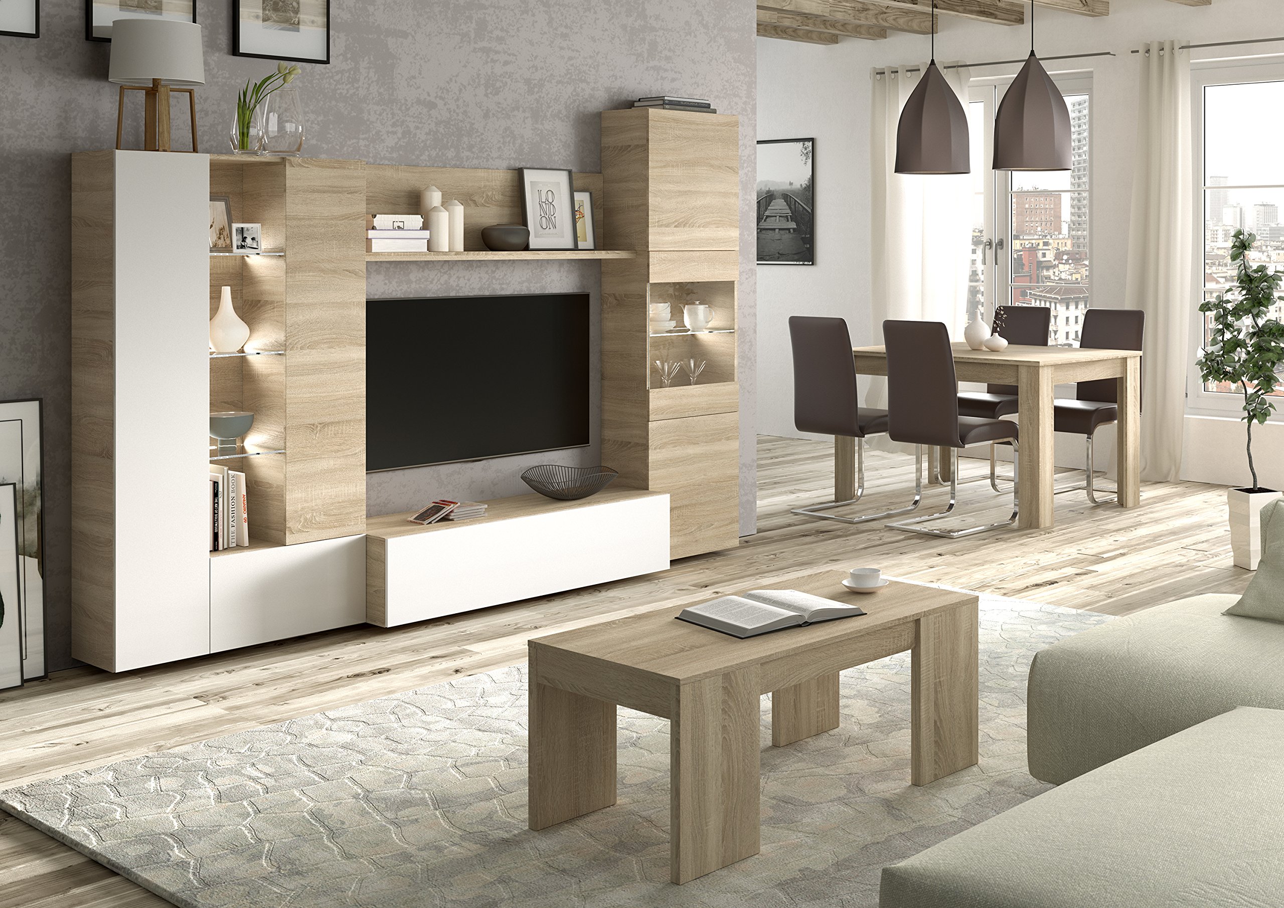 Habitdesign Salón Compacto 260, Mueble televisión, Modelo Essential, Acabado Roble Canadian y Blanco Brillo, Medidas: 185 cm (Alto) x 260 cm (Ancho) x 42 cm (Fondo)